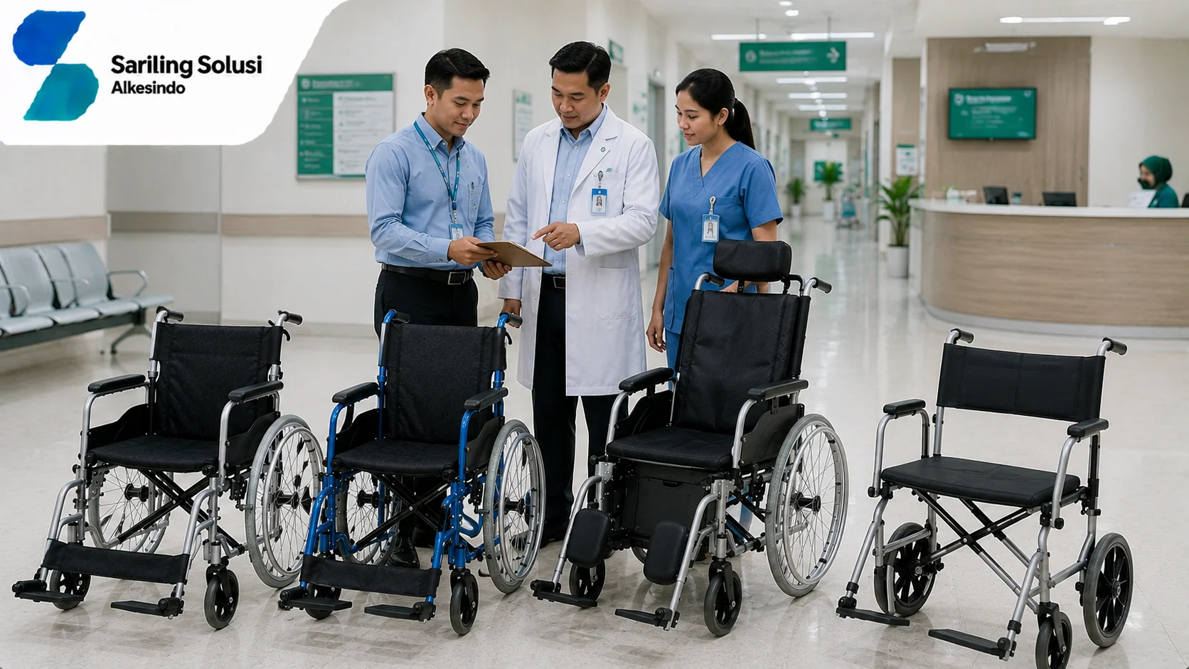Ilustrasi pentingnya memahami jenis-jenis kursi roda yang menampilkan berbagai tipe kursi roda pasien seperti kursi roda standar, reclining, dan model khusus, serta tenaga medis melakukan evaluasi produk berdasarkan kebutuhan pengguna di lingkungan rumah sakit bersama Sariling Solusi Alkesindo.