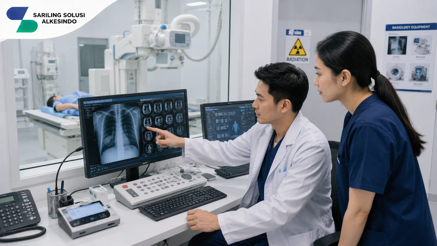 Ilustrasi mengapa memahami peralatan diagnostika radiologi sangat penting yang menampilkan tenaga medis melakukan analisis hasil pencitraan menggunakan perangkat radiologi seperti monitor X-ray, CT scan, dan sistem pemeriksaan gambar medis untuk mendukung diagnosis yang akurat bersama Sariling Solusi Alkesindo.