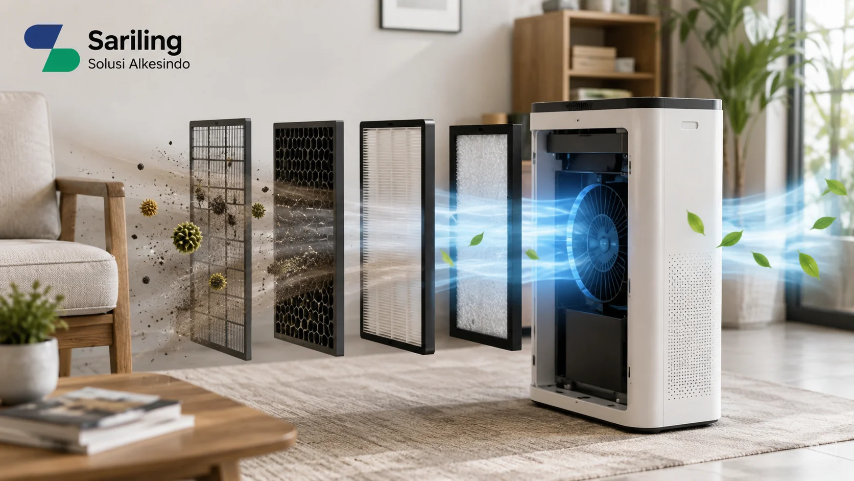 Ilustrasi mengapa memahami sistem kerja air purifier itu penting yang menampilkan perangkat pemurni udara dengan proses penyaringan partikel melalui beberapa lapisan filter, aliran udara bersih, serta logo Sariling Solusi Alkesindo di pojok kiri atas.