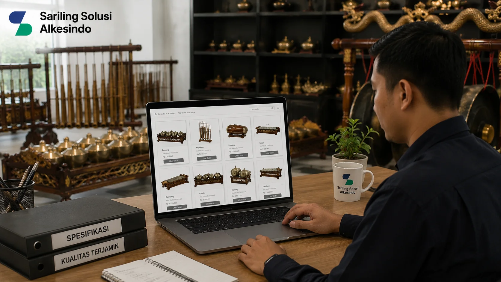 Ilustrasi memilih e-Katalog alat musik tradisional yang menampilkan proses pencarian produk melalui katalog digital, berbagai instrumen budaya seperti gamelan dan angklung, serta logo Sariling Solusi Alkesindo.