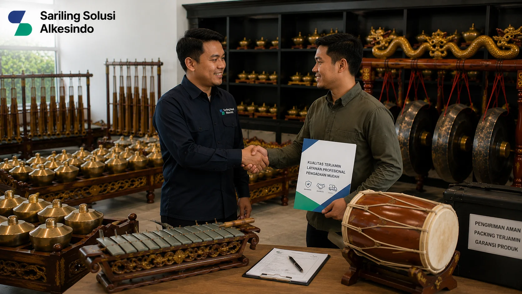 Ilustrasi memilih penyedia alat musik tradisional terpercaya yang menampilkan kerja sama antara pelanggan dan penyedia, pemeriksaan kualitas instrumen seperti gamelan, kendang, dan angklung, serta logo Sariling Solusi Alkesindo.