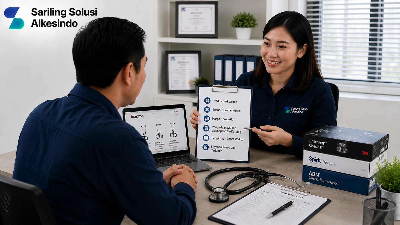 Ilustrasi memilih penyedia stetoskop Inaproc yang terpercaya dengan menampilkan konsultasi produk medis, pengecekan katalog Inaproc, dokumen penawaran, dan produk stetoskop berkualitas bersama logo Sariling Solusi Alkesindo.