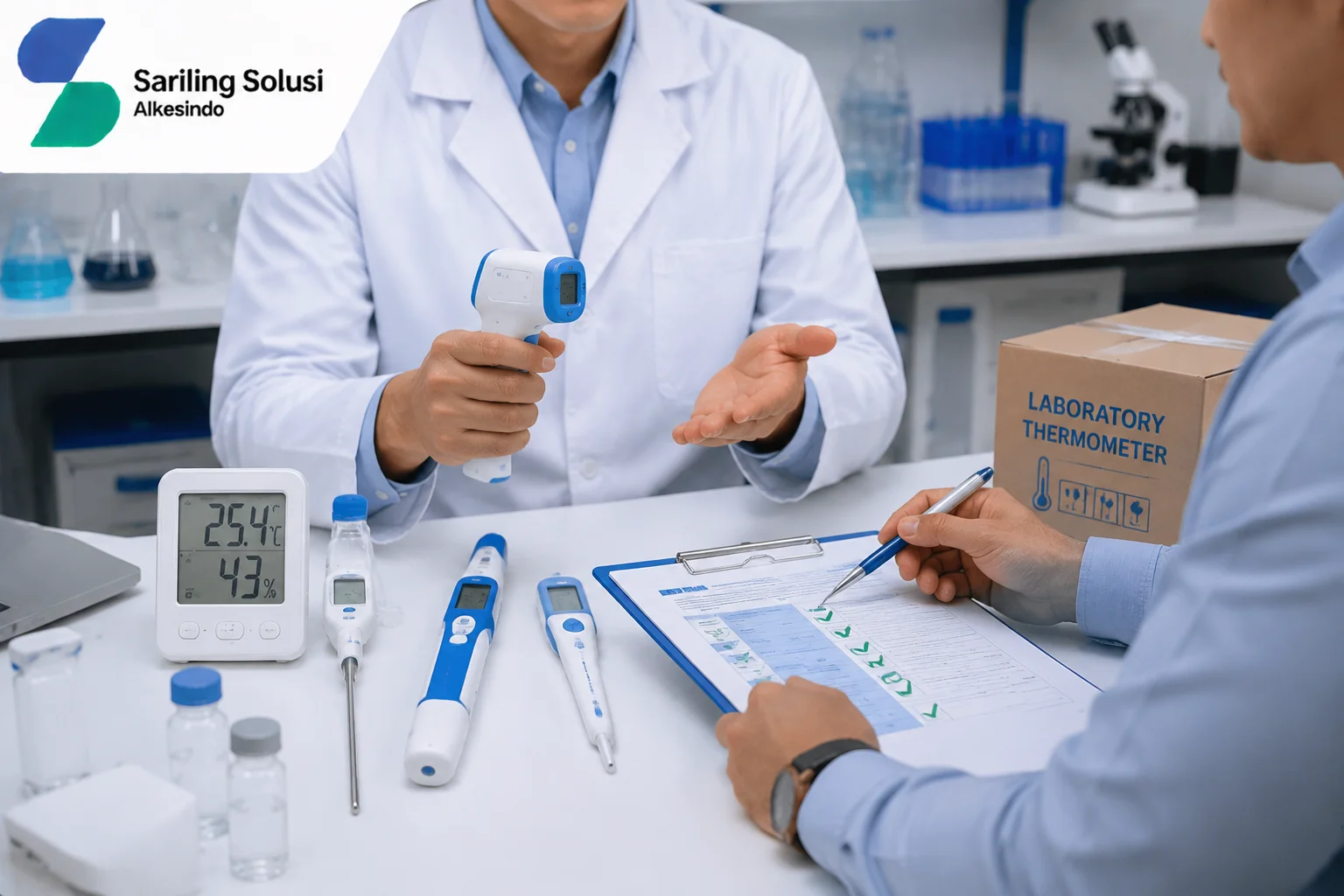 Ilustrasi memilih penyedia thermometer INAPROC terpercaya yang menampilkan berbagai jenis thermometer laboratorium, proses konsultasi produk, pengecekan spesifikasi alat, dokumen pengadaan, serta evaluasi kualitas thermometer bersama Sariling Solusi Alkesindo.