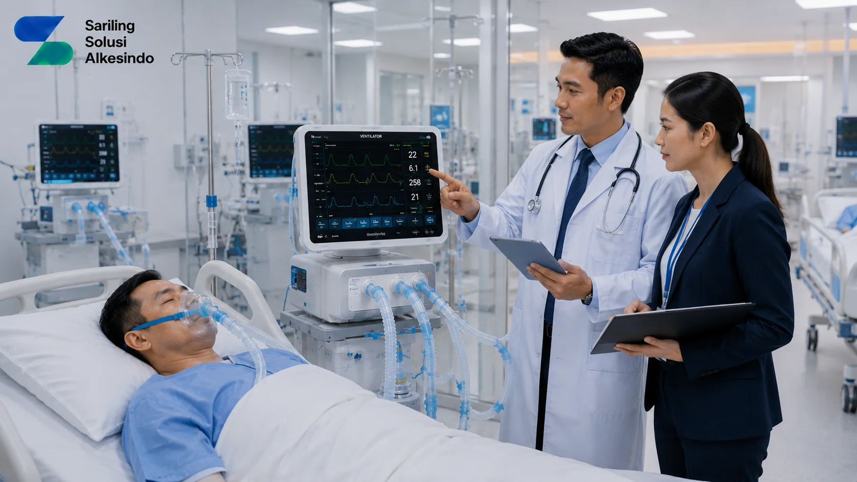 Ilustrasi pemilihan penyedia ventilator Inaproc yang tepat dengan dokter dan tenaga profesional mengevaluasi perangkat ventilator di ruang ICU modern bersama logo Sariling Solusi Alkesindo.