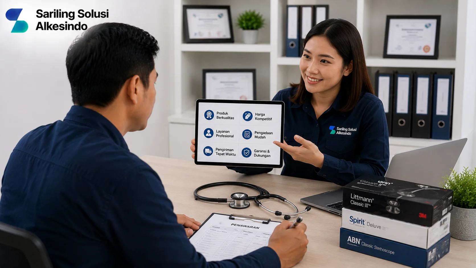 Ilustrasi alasan memilih Sariling Solusi Alkesindo untuk e-Katalog stetoskop yang menampilkan konsultasi produk medis, proses penawaran, pemeriksaan kualitas stetoskop, serta layanan pengadaan profesional dengan logo Sariling Solusi Alkesindo.