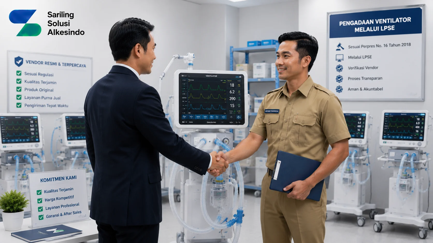 Ilustrasi vendor pengadaan ventilator LPSE dengan tenaga profesional melakukan kerja sama di ruang medis modern yang menampilkan perangkat ventilator, proses verifikasi, dan logo Sariling Solusi Alkesindo.