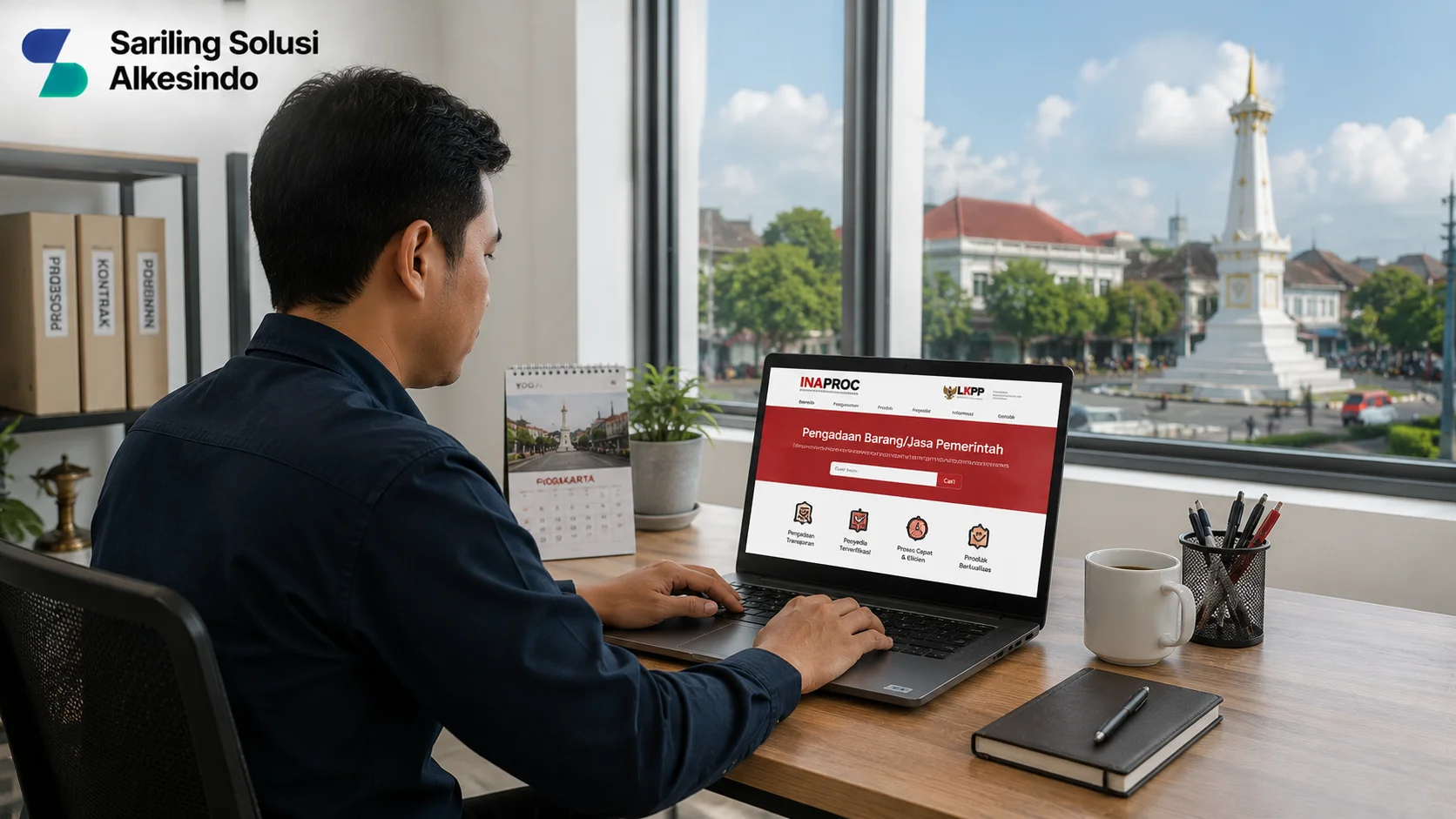 Ilustrasi penggunaan Pengadaan Inaproc Provinsi Yogyakarta yang menampilkan proses pengadaan digital melalui laptop, platform katalog elektronik, suasana kantor pemerintahan, dan ikon khas Yogyakarta dengan logo Sariling Solusi Alkesindo.
