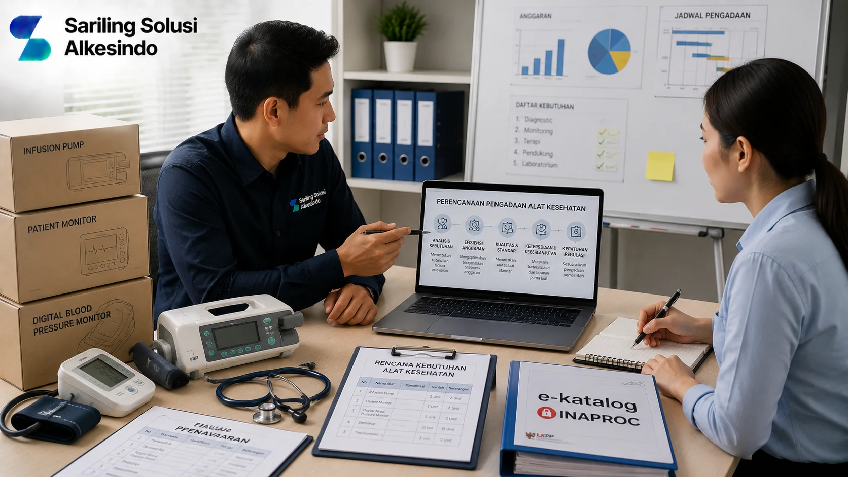 Ilustrasi perencanaan pengadaan alat kesehatan yang menampilkan diskusi profesional, penyusunan rencana kebutuhan medis, dokumen pengadaan, perangkat kesehatan, serta proses evaluasi kebutuhan melalui sistem e-Katalog Inaproc dengan logo Sariling Solusi Alkesindo.