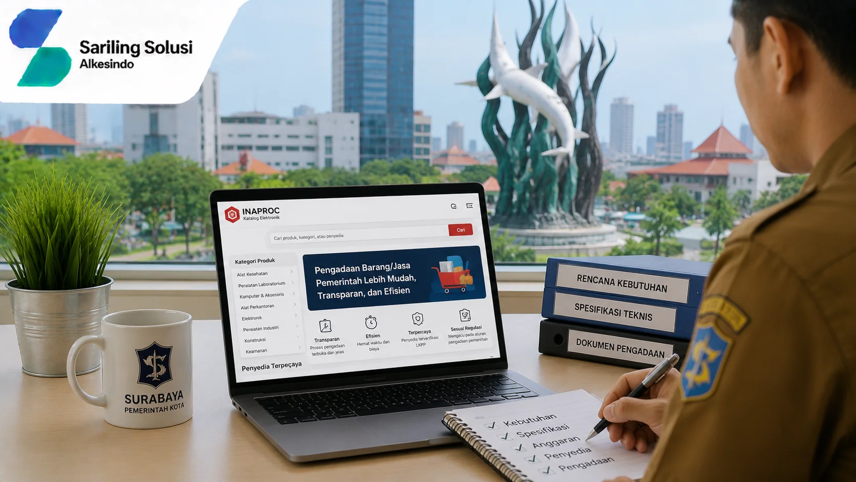 Ilustrasi pengadaan INAPROC menjadi pilihan instansi di Kota Surabaya yang menampilkan aktivitas perencanaan pengadaan pemerintah, penggunaan katalog elektronik INAPROC melalui laptop, dokumen kebutuhan barang jasa, serta suasana kantor pemerintahan dengan logo Sariling Solusi Alkesindo.