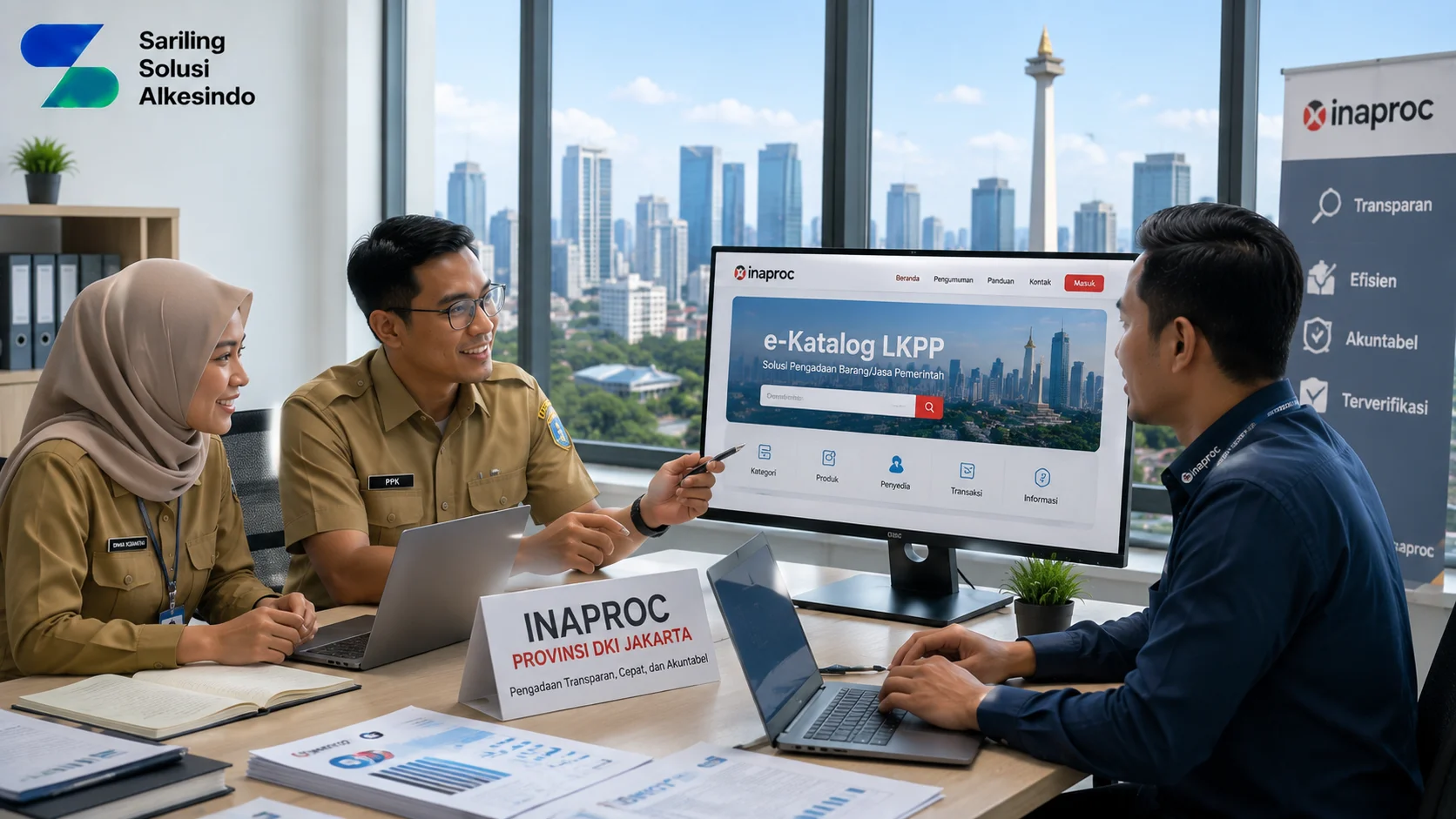 Ilustrasi pengadaan Inaproc Provinsi DKI Jakarta yang menampilkan pejabat pemerintah dan penyedia berdiskusi menggunakan platform digital e-Katalog LKPP dengan latar kota Jakarta serta logo Sariling Solusi Alkesindo.