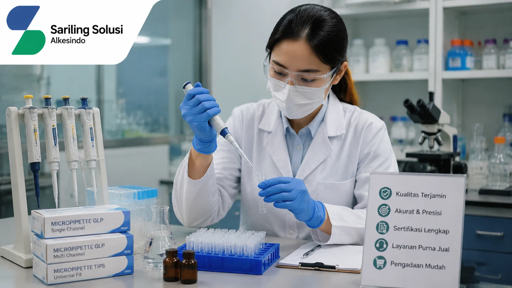 Ilustrasi pentingnya memilih penyedia pipet laboratorium yang tepat dengan menampilkan aktivitas penggunaan micropipette di laboratorium, peralatan pengujian, sampel penelitian, perlengkapan laboratorium, serta pertimbangan kualitas, akurasi, dan layanan penyedia dengan logo Sariling Solusi Alkesindo.