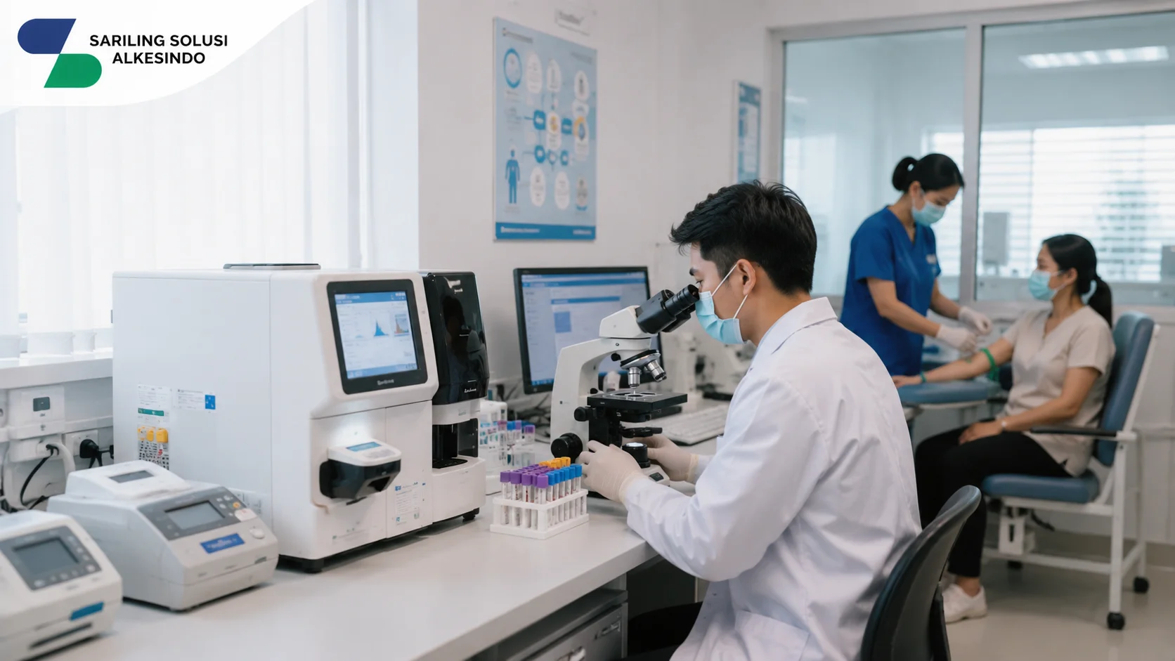 Ilustrasi mengapa peralatan diagnostika penting dalam pemeriksaan kesehatan yang menampilkan laboratorium medis modern, tenaga kesehatan menggunakan alat diagnostik, pemeriksaan sampel, mikroskop, serta perangkat laboratorium untuk mendukung akurasi diagnosis dan pelayanan kesehatan bersama Sariling Solusi Alkesindo.