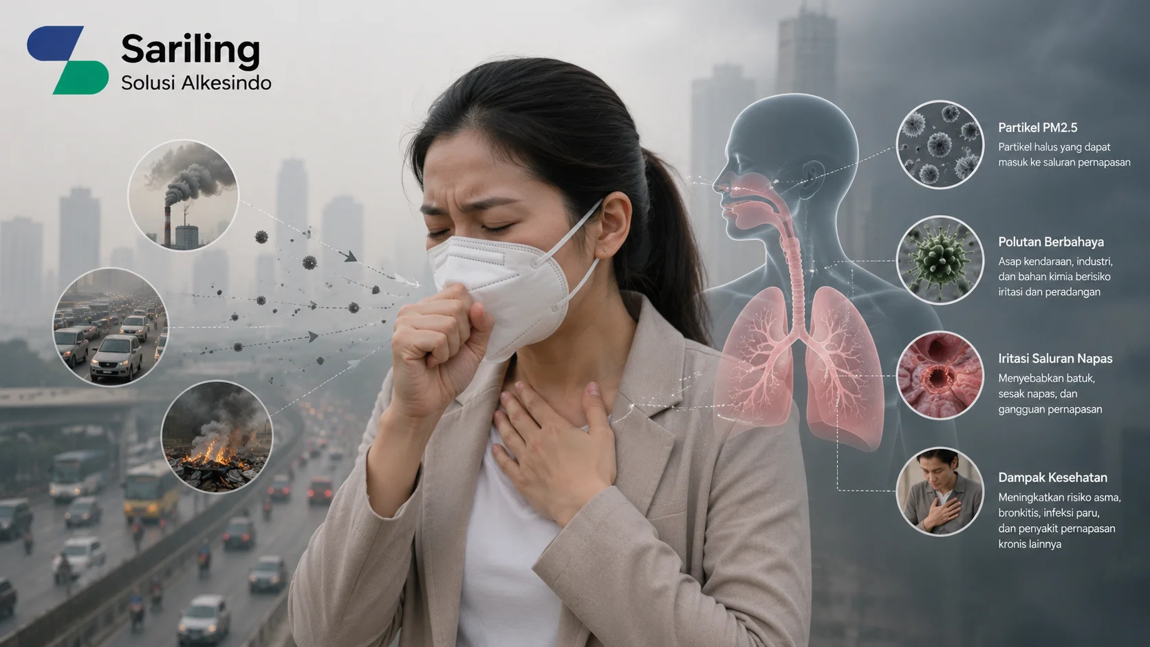 Ilustrasi mengapa polusi udara berdampak pada kesehatan pernapasan yang menampilkan seseorang menggunakan masker di lingkungan kota dengan udara tercemar, visual saluran pernapasan manusia, partikel PM2.5, polutan udara, serta logo Sariling Solusi Alkesindo di pojok kiri atas.
