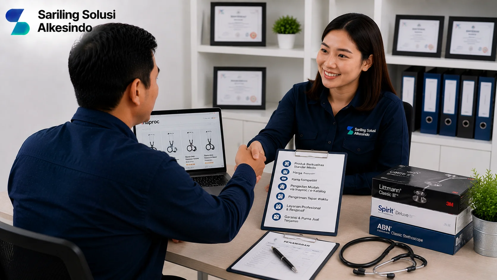 Ilustrasi Sariling Solusi Alkesindo sebagai mitra pengadaan yang menampilkan kerja sama profesional antara penyedia dan instansi, proses konsultasi produk stetoskop, dokumen penawaran, serta layanan pengadaan alat kesehatan.