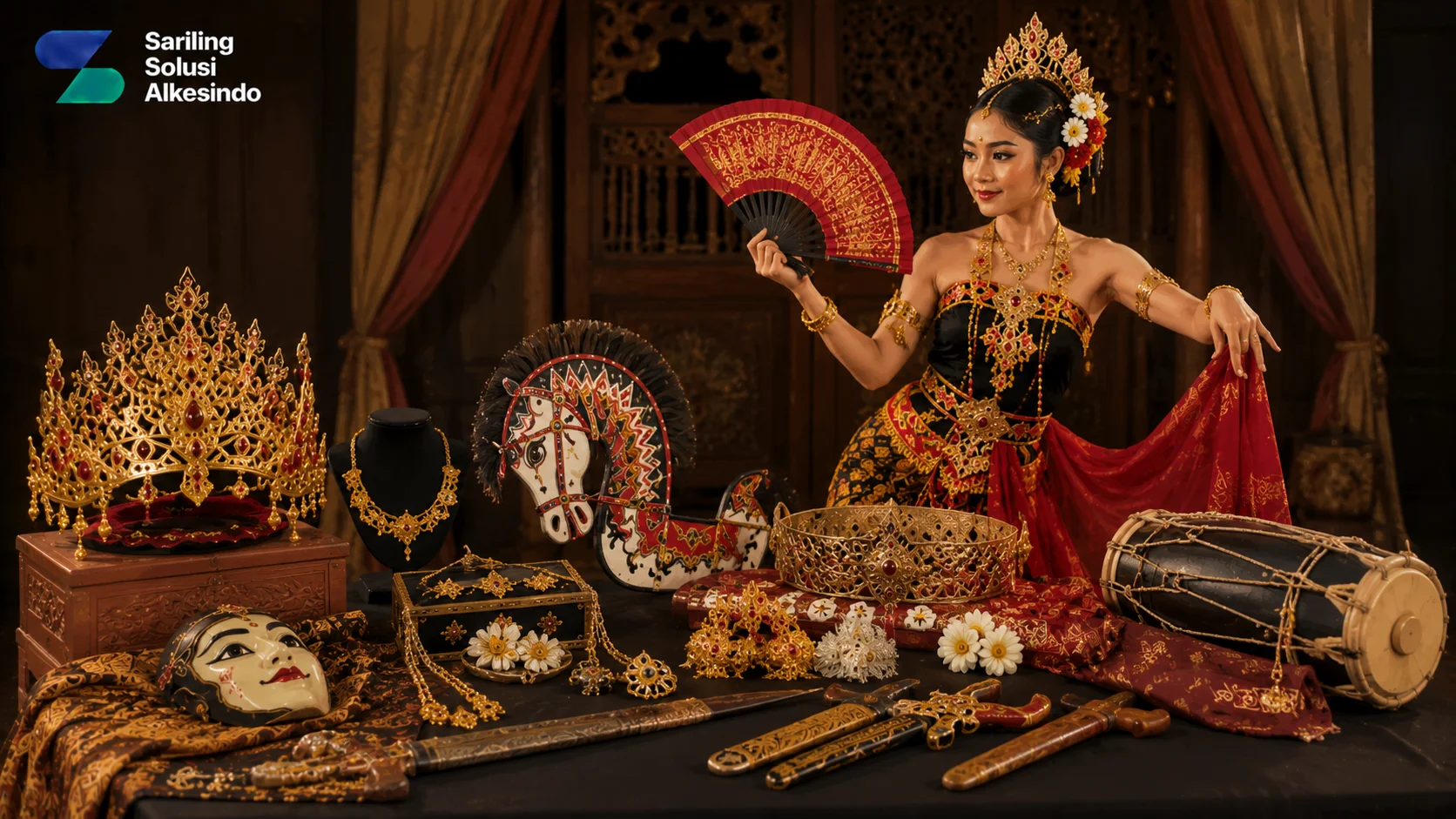 Ilustrasi aksesoris tari tradisional Indonesia yang menampilkan mahkota, perhiasan, kipas, topeng, keris, kuda lumping, dan perlengkapan pendukung pertunjukan dengan logo Sariling Solusi Alkesindo.