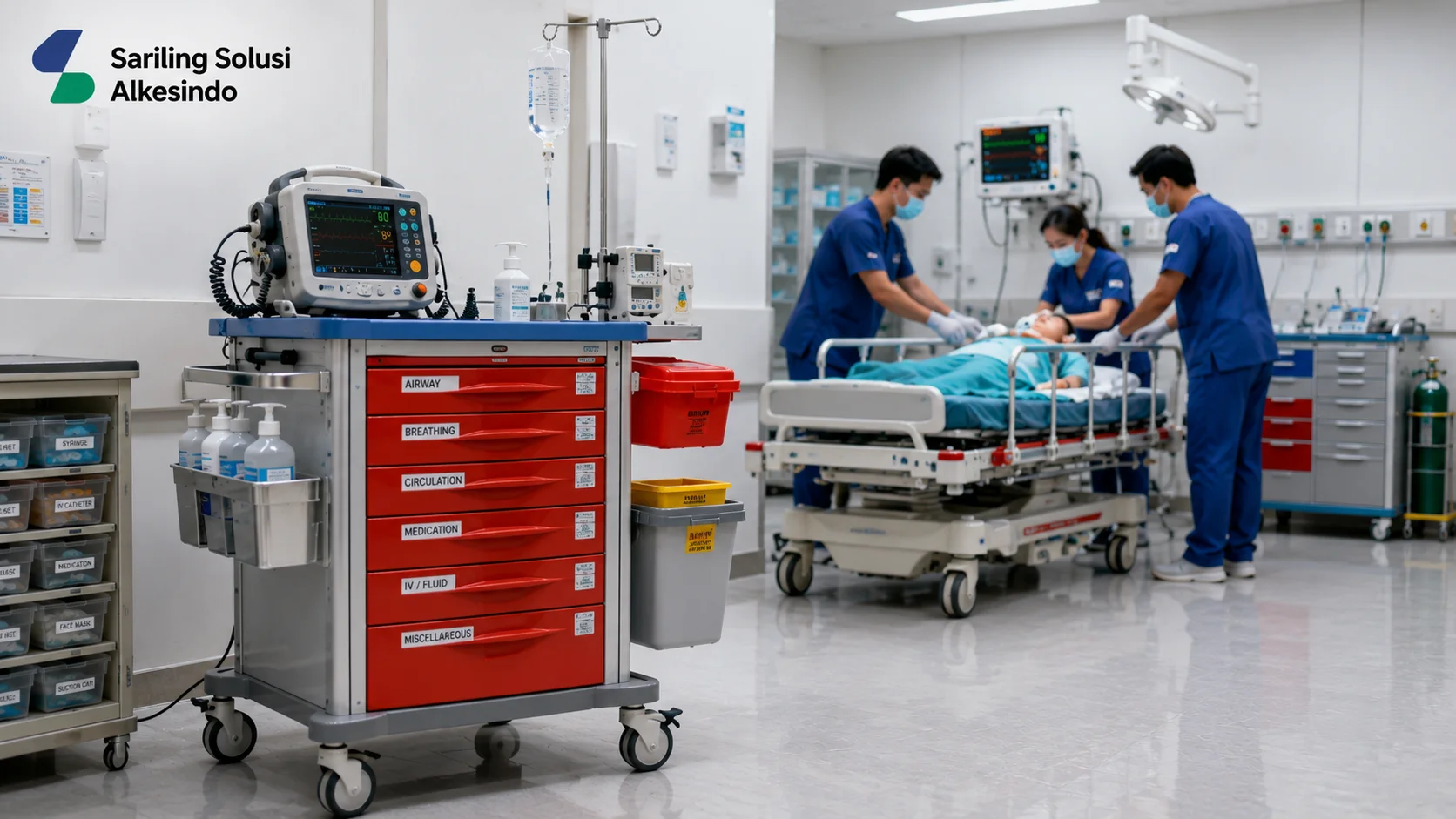 Ilustrasi mengenal emergency trolley dalam pelayanan kesehatan yang menampilkan emergency trolley dengan perlengkapan medis lengkap di ruang rumah sakit, monitor pasien, tenaga medis yang melakukan tindakan, serta fasilitas pelayanan kesehatan modern bersama Sariling Solusi Alkesindo.