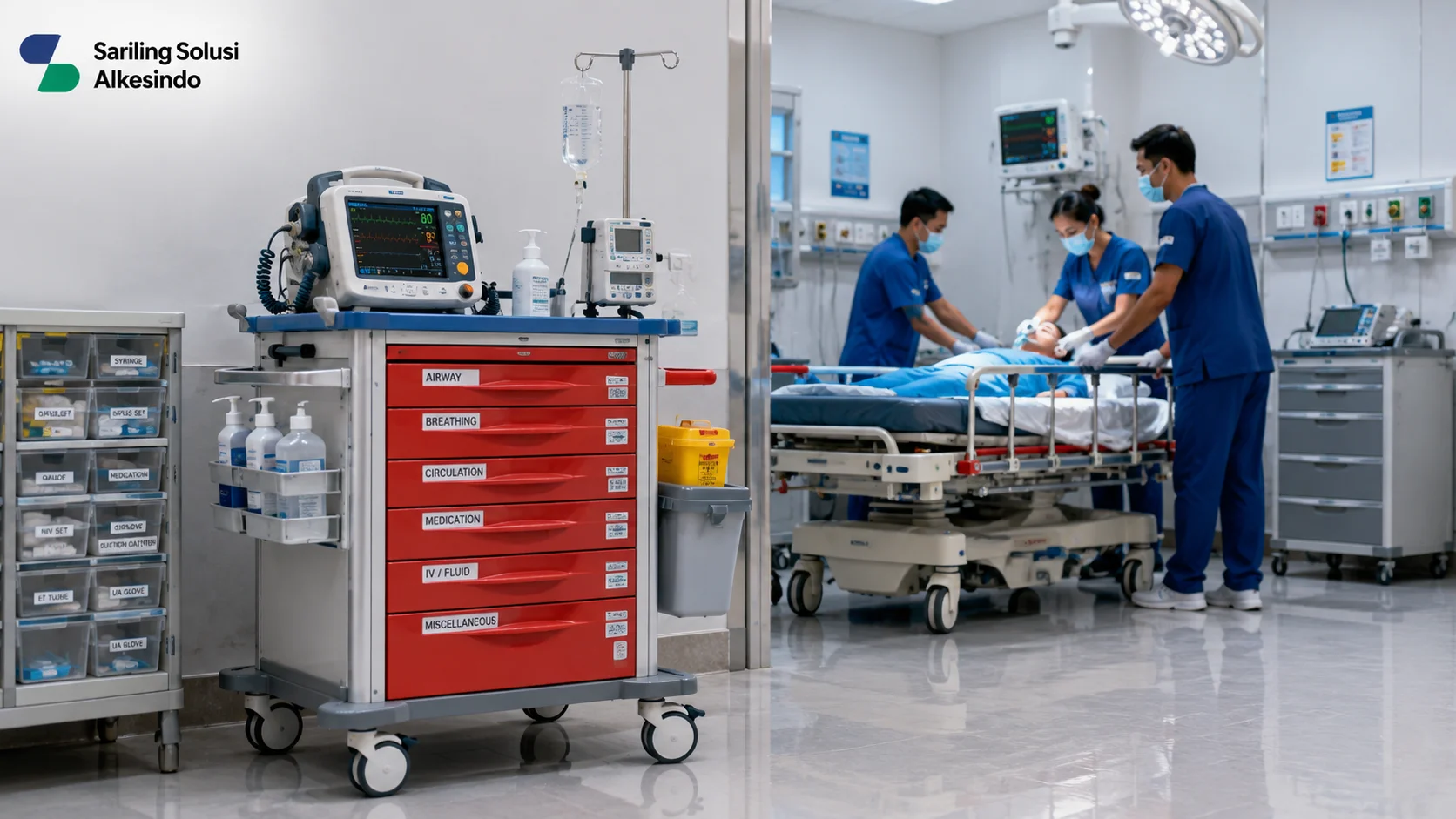 Ilustrasi mengenal emergency trolley dan perannya dalam pelayanan rumah sakit yang menampilkan emergency trolley dengan perlengkapan medis lengkap di ruang gawat darurat, tenaga medis melakukan penanganan pasien, serta lingkungan rumah sakit modern bersama Sariling Solusi Alkesindo.