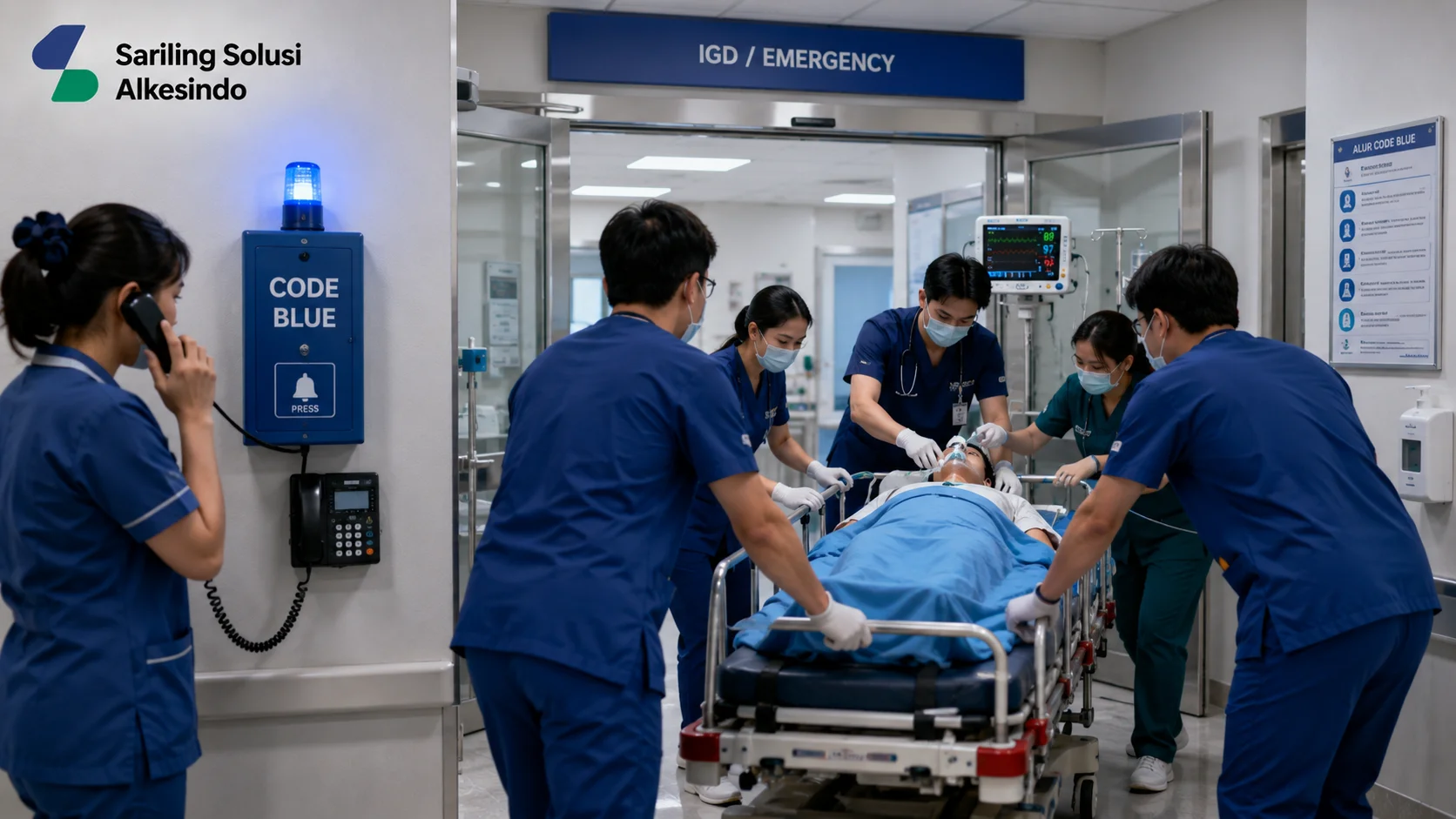 Ilustrasi mengenal kode biru rumah sakit dalam sistem kegawatdaruratan yang menampilkan tim medis melakukan penanganan pasien darurat di area IGD dengan perlengkapan medis, sistem alarm kode biru, emergency trolley, serta logo Sariling Solusi Alkesindo di pojok kiri atas.