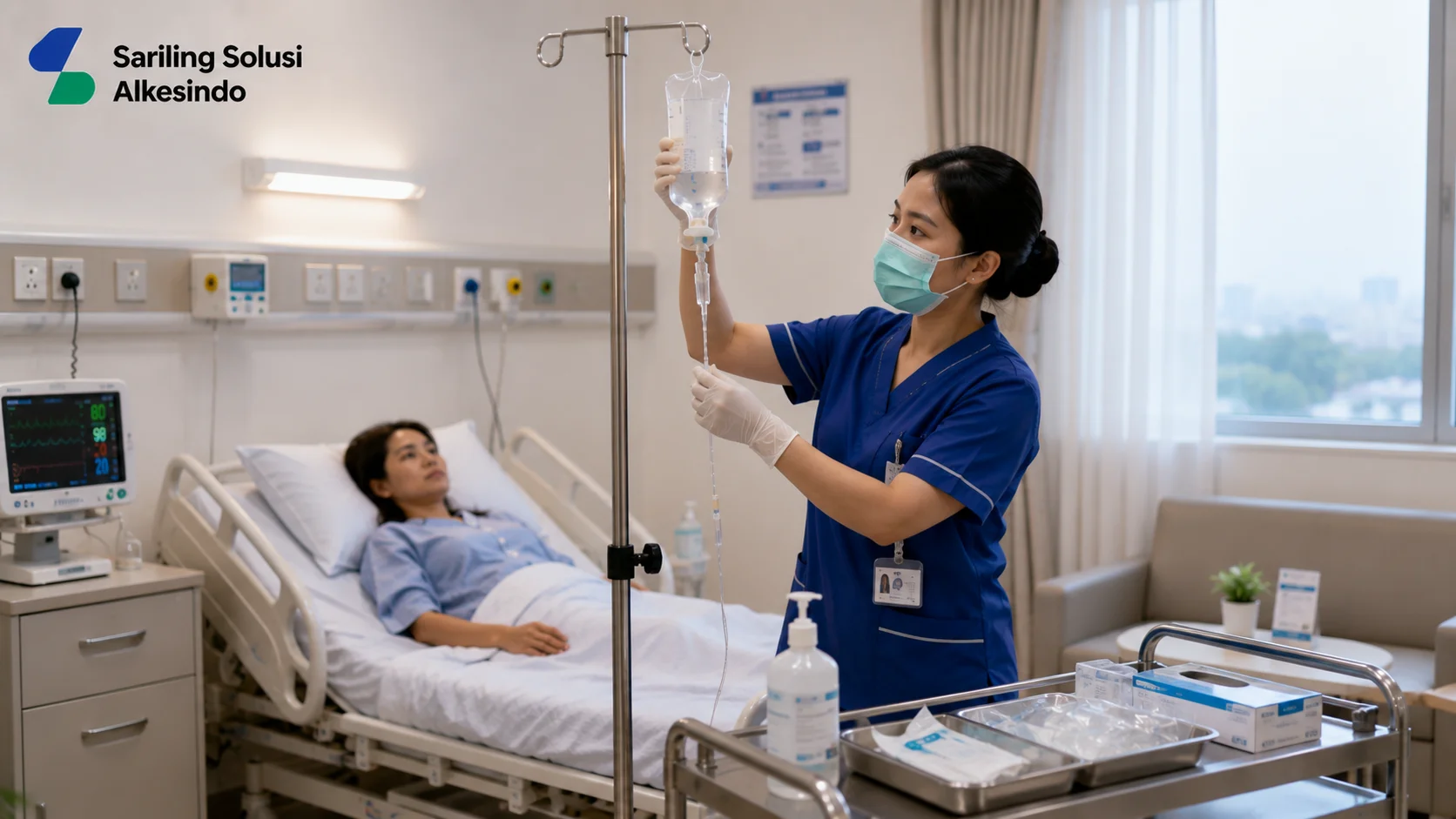 Ilustrasi mengenal penggantian cairan infus dalam pelayanan medis yang menampilkan tenaga medis melakukan penggantian cairan infus pasien di ruang perawatan rumah sakit, dengan tiang infus, perlengkapan medis, monitor pasien, serta logo Sariling Solusi Alkesindo di pojok kiri atas.