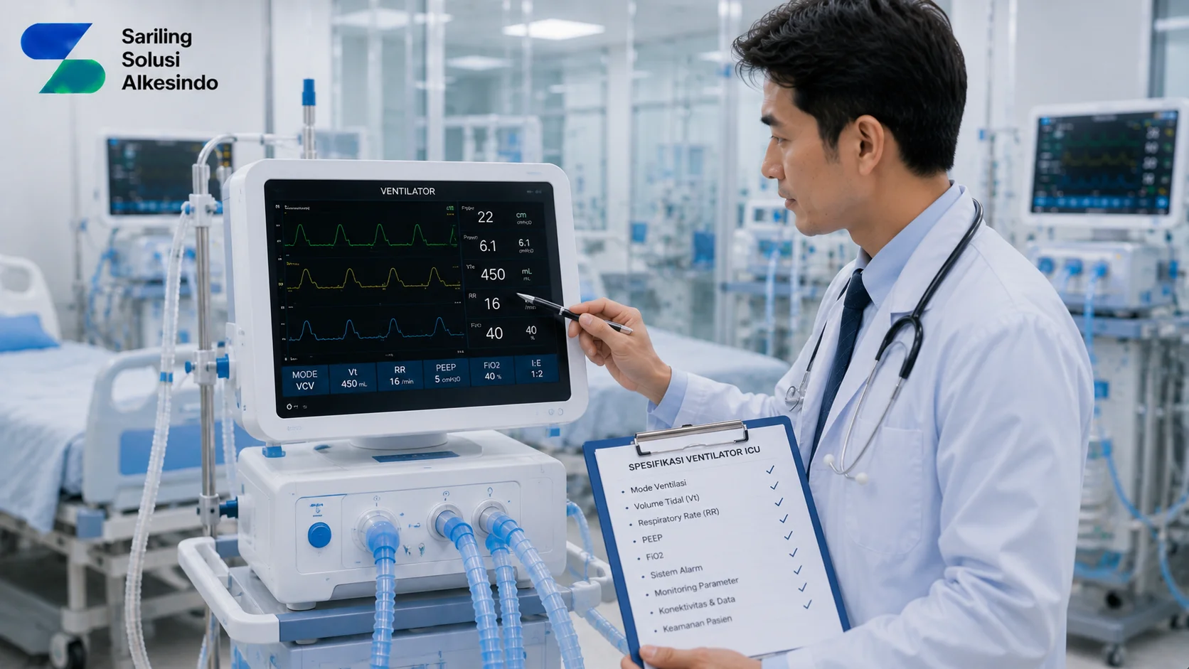 Ilustrasi spesifikasi ventilator ICU sebelum pengadaan yang menampilkan dokter mengevaluasi perangkat ventilator dengan tampilan parameter ventilasi, mode pernapasan, monitoring pasien, dan fitur keamanan di ruang ICU bersama logo Sariling Solusi Alkesindo.