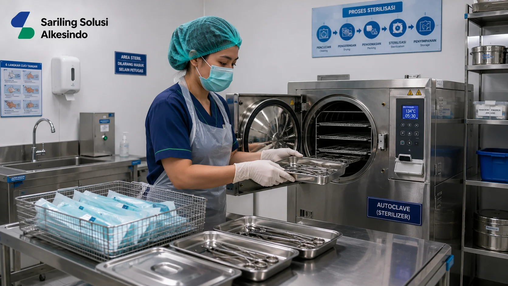 Ilustrasi mengenal sterilisasi peralatan medis dalam pelayanan kesehatan yang menampilkan tenaga kesehatan melakukan proses sterilisasi instrumen medis menggunakan mesin autoclave di ruang steril rumah sakit, dengan perlengkapan medis tertata dan logo Sariling Solusi Alkesindo di pojok kiri atas.