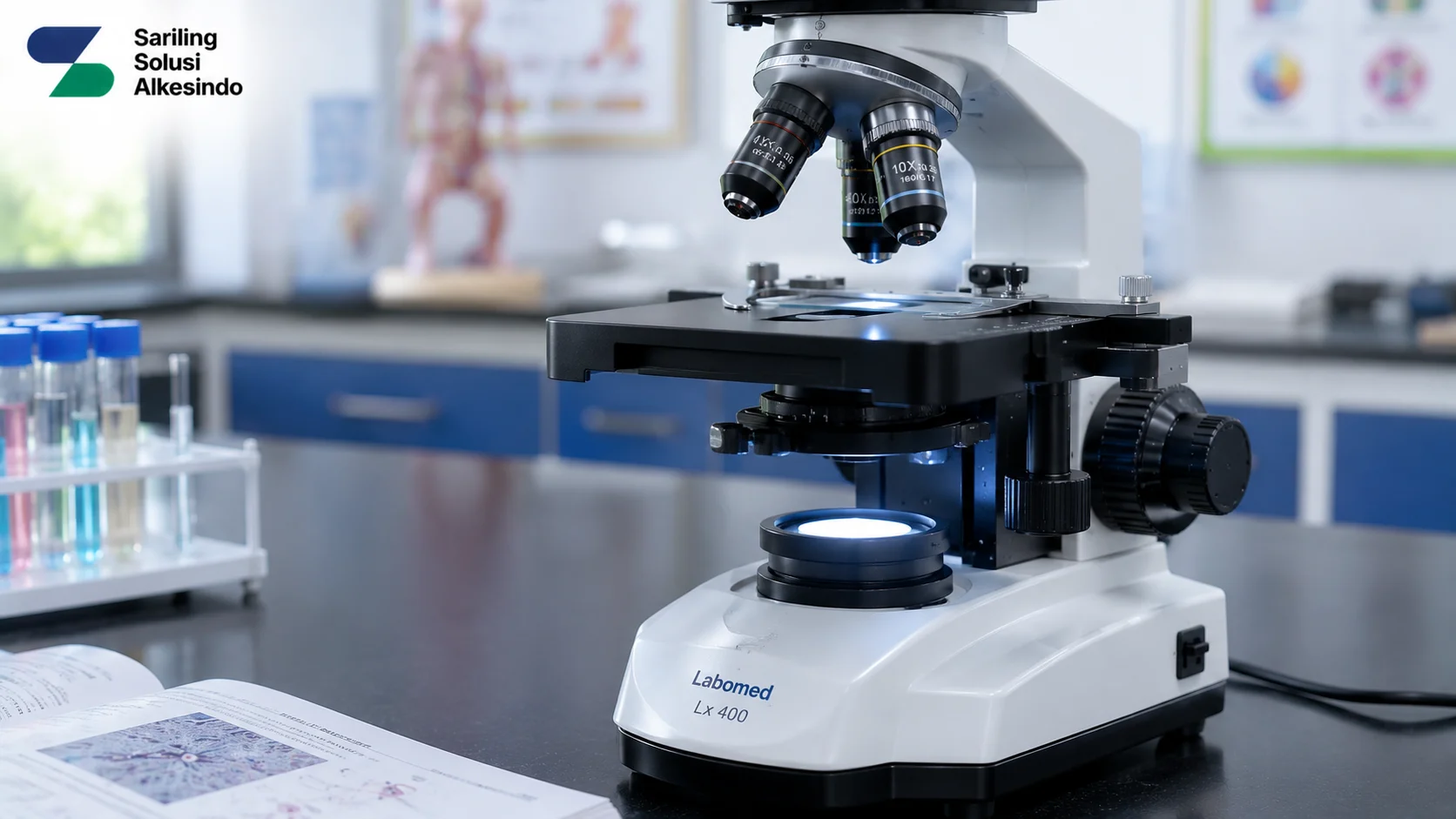 Close-up mikroskop edukasi dengan sistem pencahayaan LED terang dan mechanical stage presisi di laboratorium sekolah bersama logo Sariling Solusi Alkesindo.