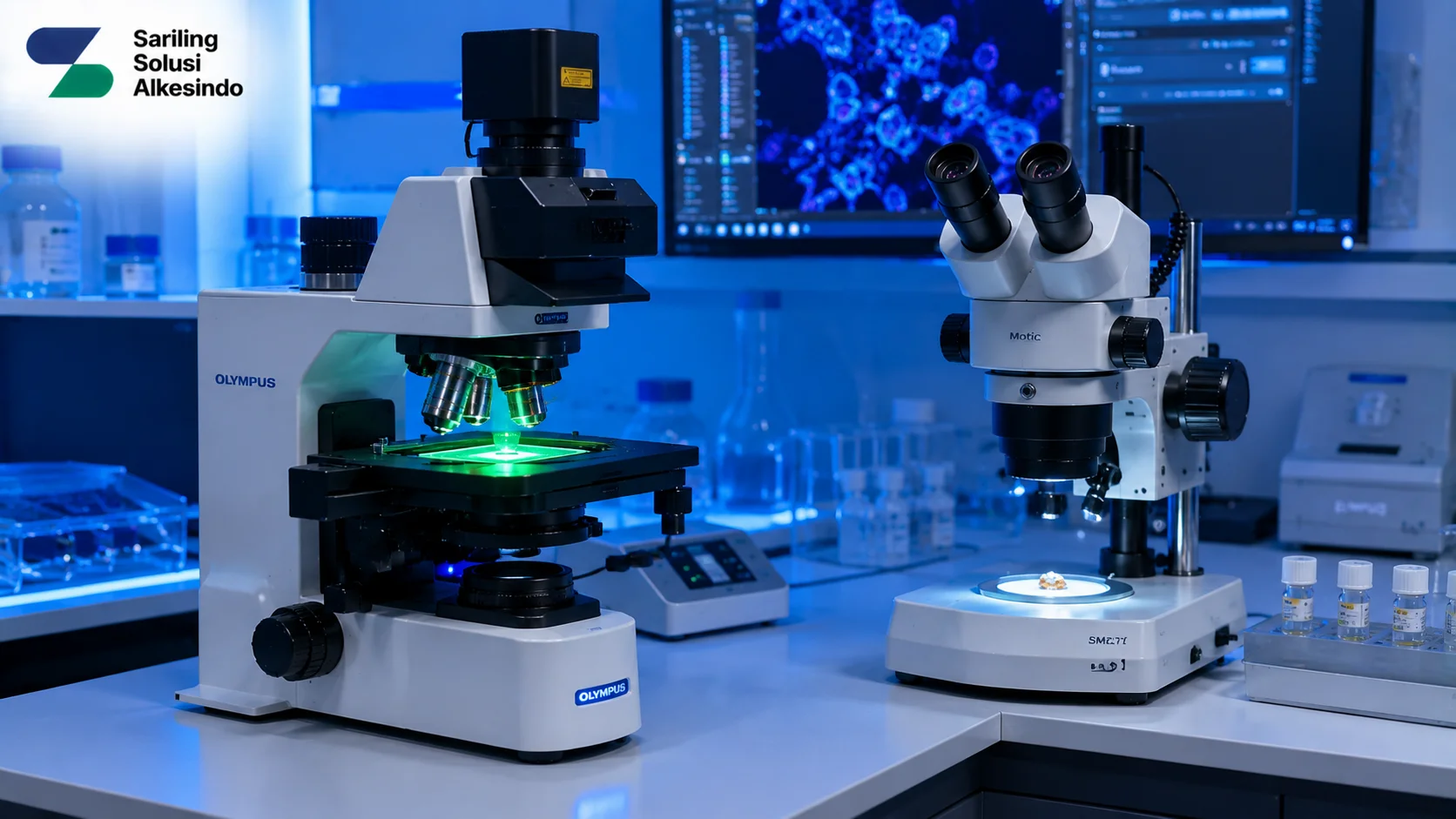 Mikroskop fluorescence dengan pencahayaan UV dan mikroskop stereo untuk observasi makro dalam laboratorium klinis modern dengan logo Sariling Solusi Alkesindo.