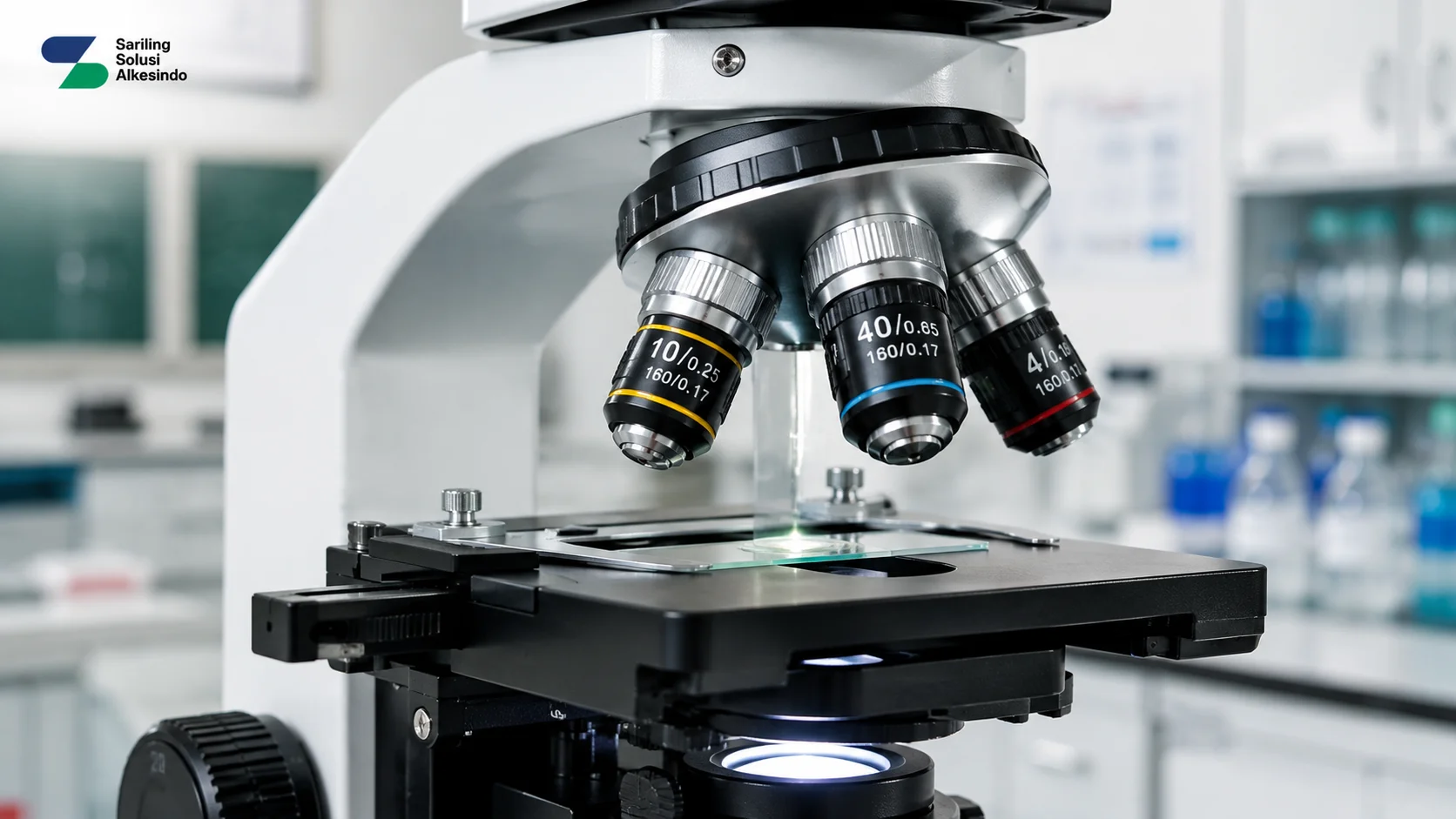 Close-up mikroskop monokular modern dengan lensa objektif akromatik dan sistem pencahayaan LED di laboratorium sekolah yang bersih, dilengkapi logo Sariling Solusi Alkesindo.