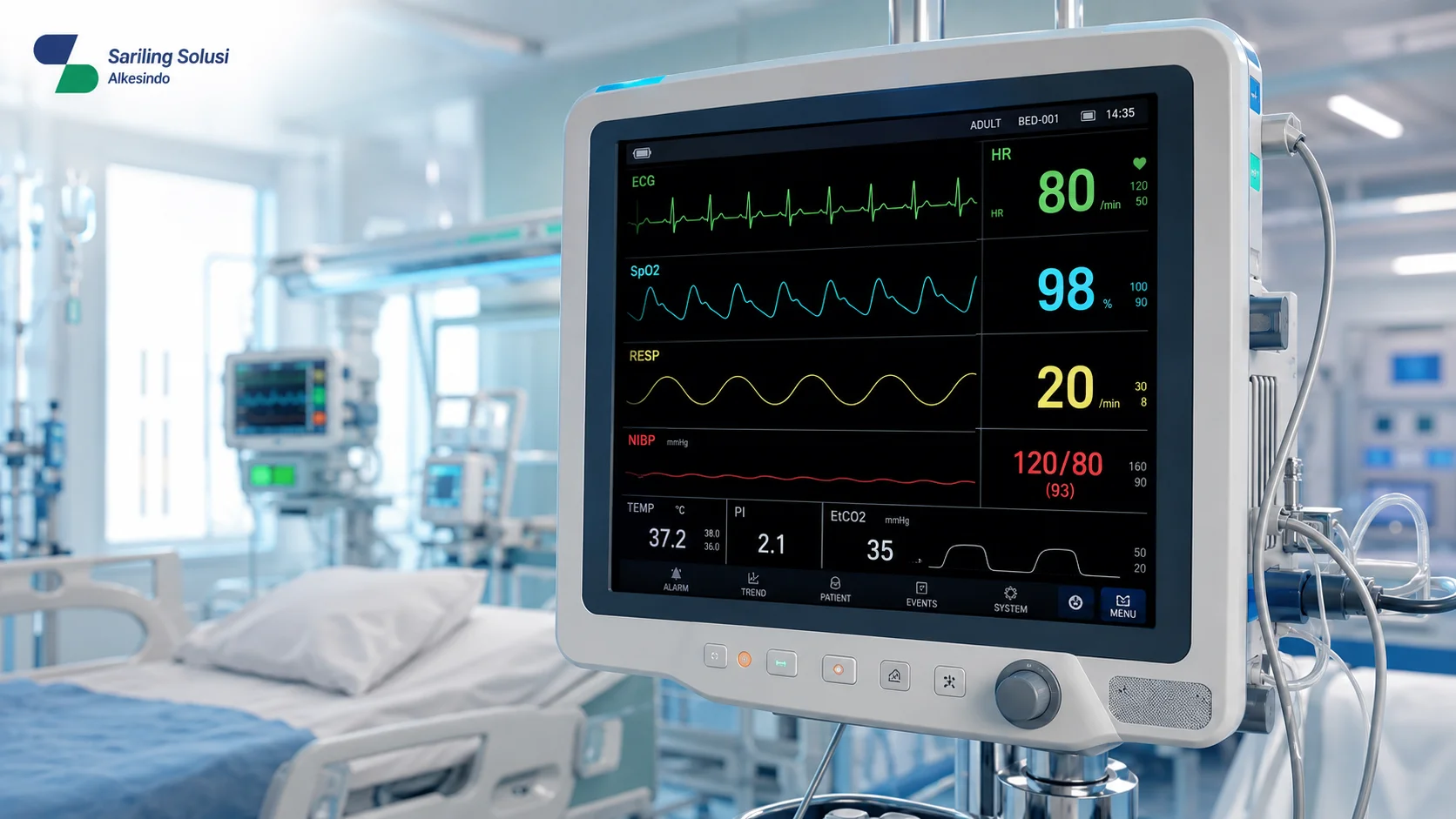 Monitor pasien modern di ruang ICU rumah sakit menampilkan grafik ECG, detak jantung, saturasi oksigen (SpO2), dan tanda vital lainnya dengan logo Sariling Solusi Alkesindo di pojok kiri atas.