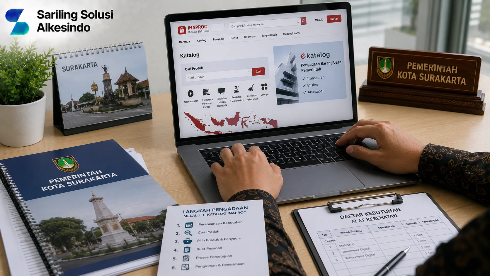 Ilustrasi panduan pengadaan Inaproc Kota Surakarta yang menampilkan proses penggunaan katalog elektronik, pencarian produk, dokumen kebutuhan pengadaan, serta aktivitas perencanaan barang dan jasa pemerintah dengan logo Sariling Solusi Alkesindo.