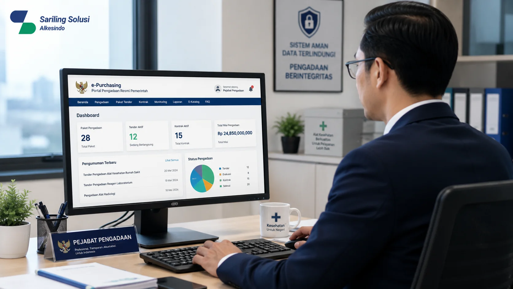 Pejabat pengadaan pemerintah menggunakan komputer desktop untuk mengakses portal e-purchasing resmi pengadaan alat kesehatan di kantor modern dengan logo Sariling Solusi Alkesindo di pojok kiri atas.