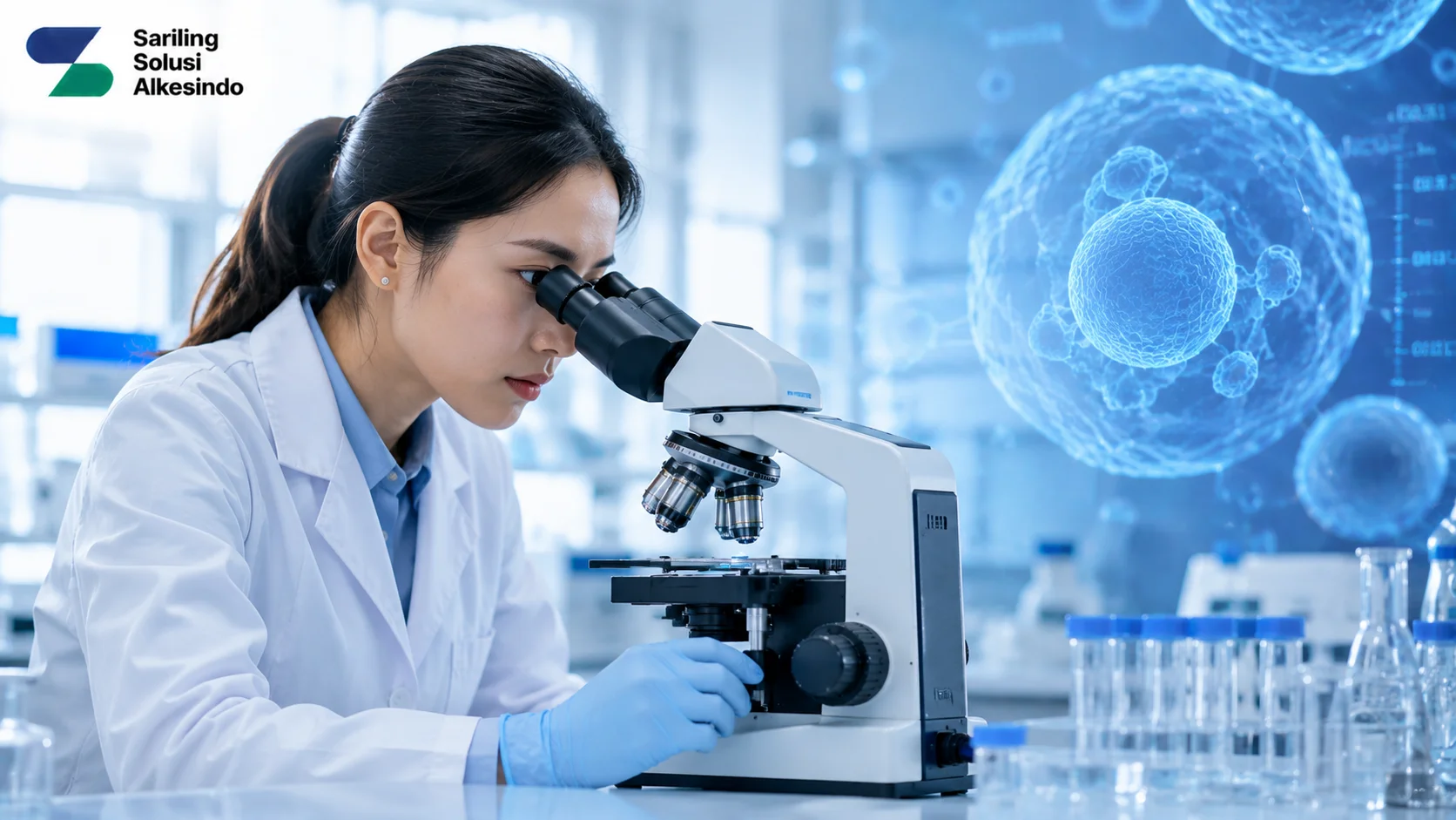 Peneliti medis menggunakan mikroskop laboratorium modern untuk mengamati sampel sel biologis dengan tampilan struktur mikroskopis bercahaya dan logo Sariling Solusi Alkesindo.