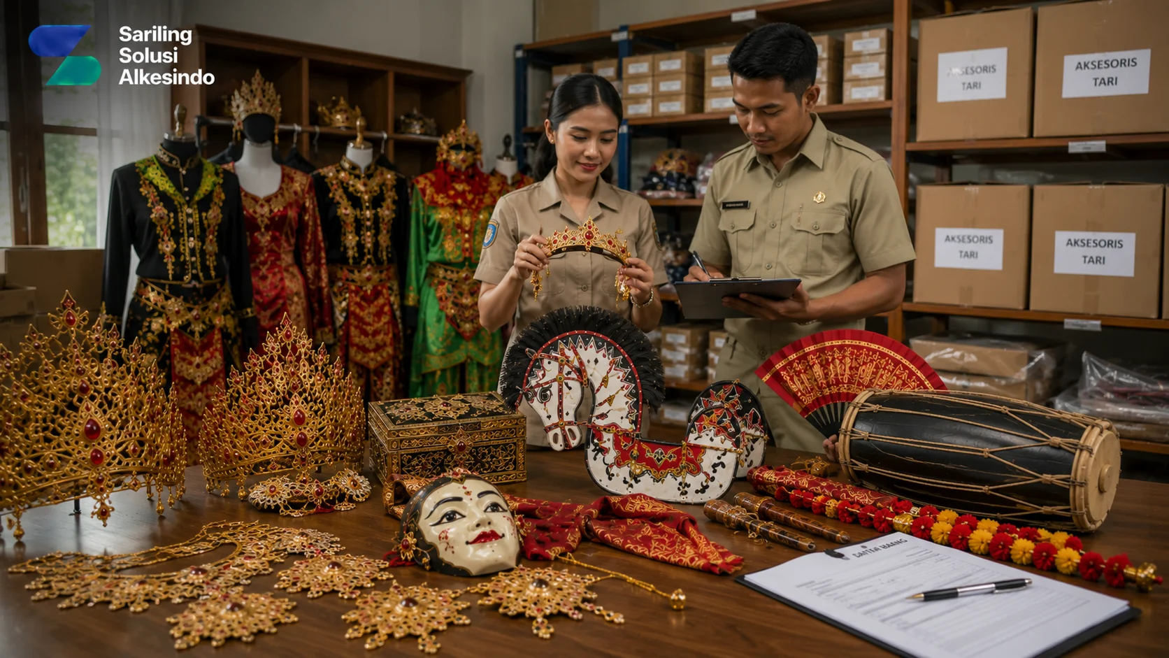 Ilustrasi pengadaan aksesoris tari tradisional untuk sekolah dan instansi pemerintah yang menampilkan koleksi mahkota, perhiasan, kostum, properti tari, serta proses pemeriksaan perlengkapan dengan logo Sariling Solusi Alkesindo