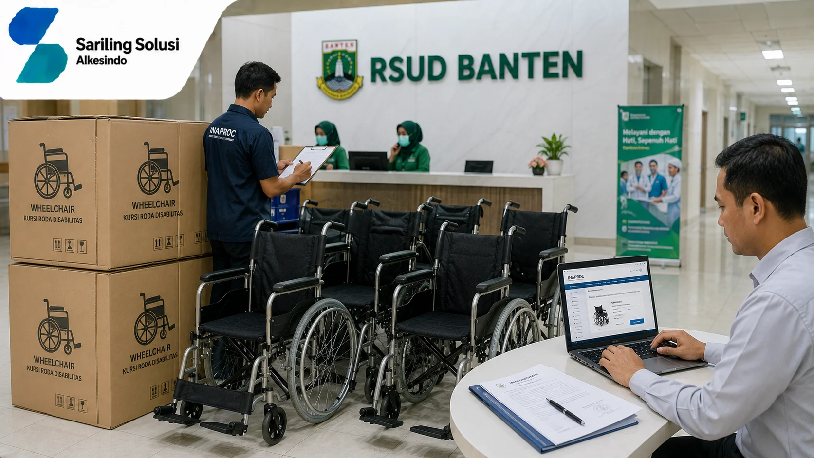 Ilustrasi pengadaan kursi roda disabilitas RSUD Banten melalui INAPROC yang menampilkan proses distribusi kursi roda pasien, pengecekan dokumen pengadaan, katalog elektronik INAPROC, stok kursi roda, serta aktivitas verifikasi produk kesehatan bersama Sariling Solusi Alkesindo.