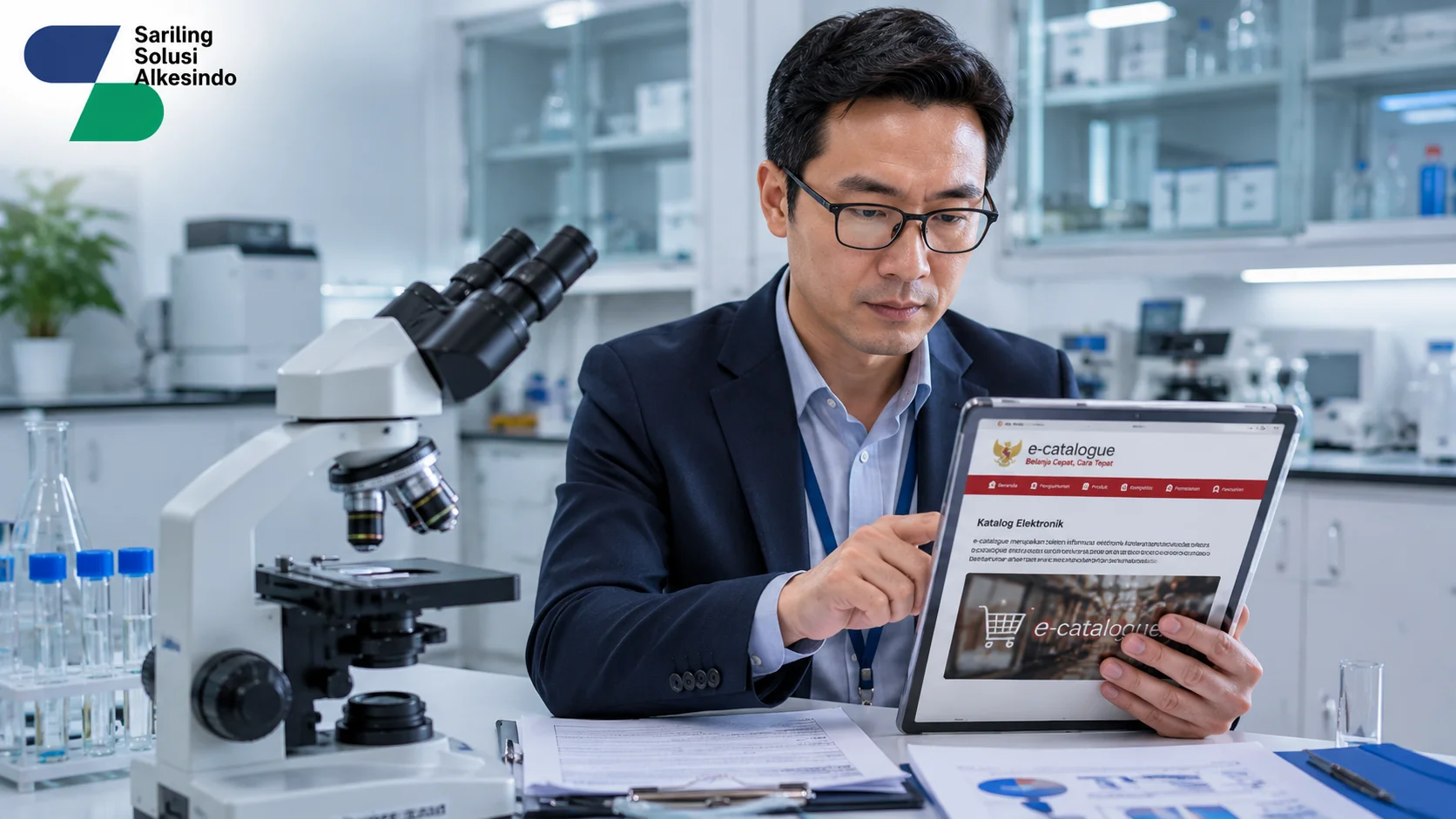 Pejabat pengadaan meninjau dokumen e-katalog pemerintah melalui tablet dengan mikroskop laboratorium modern di latar depan dan logo Sariling Solusi Alkesindo.