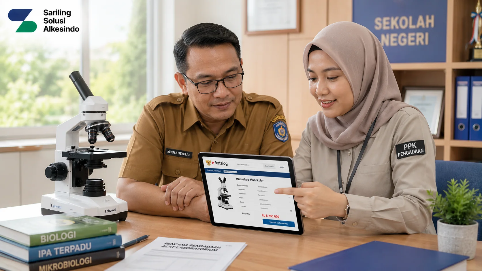 Kepala sekolah dan pejabat pengadaan meninjau e-katalog mikroskop monokuler melalui tablet dengan perangkat mikroskop laboratorium di meja kantor sekolah serta logo Sariling Solusi Alkesindo.