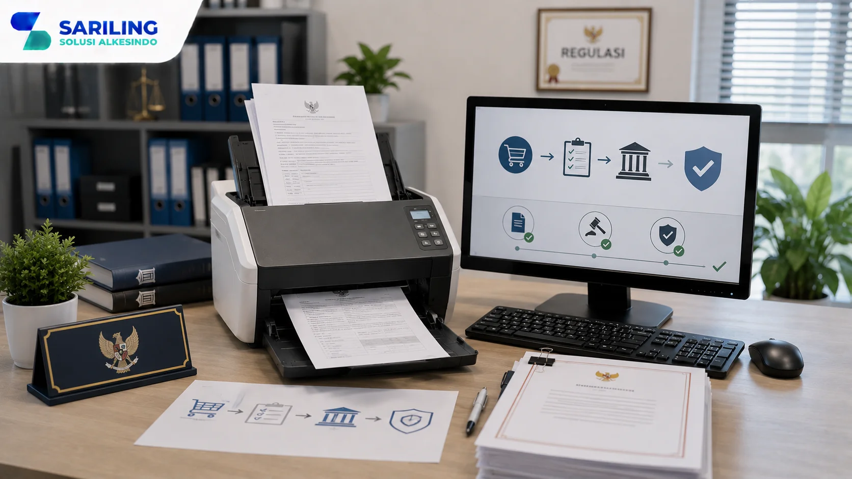 Foto realistis profesional yang menampilkan scanner dokumen untuk pengadaan melalui INAPROC di lingkungan kantor pemerintahan, dengan monitor yang menampilkan alur proses pengadaan sesuai regulasi pemerintah, dilengkapi logo Sariling Solusi Alkesindo di pojok kiri atas.