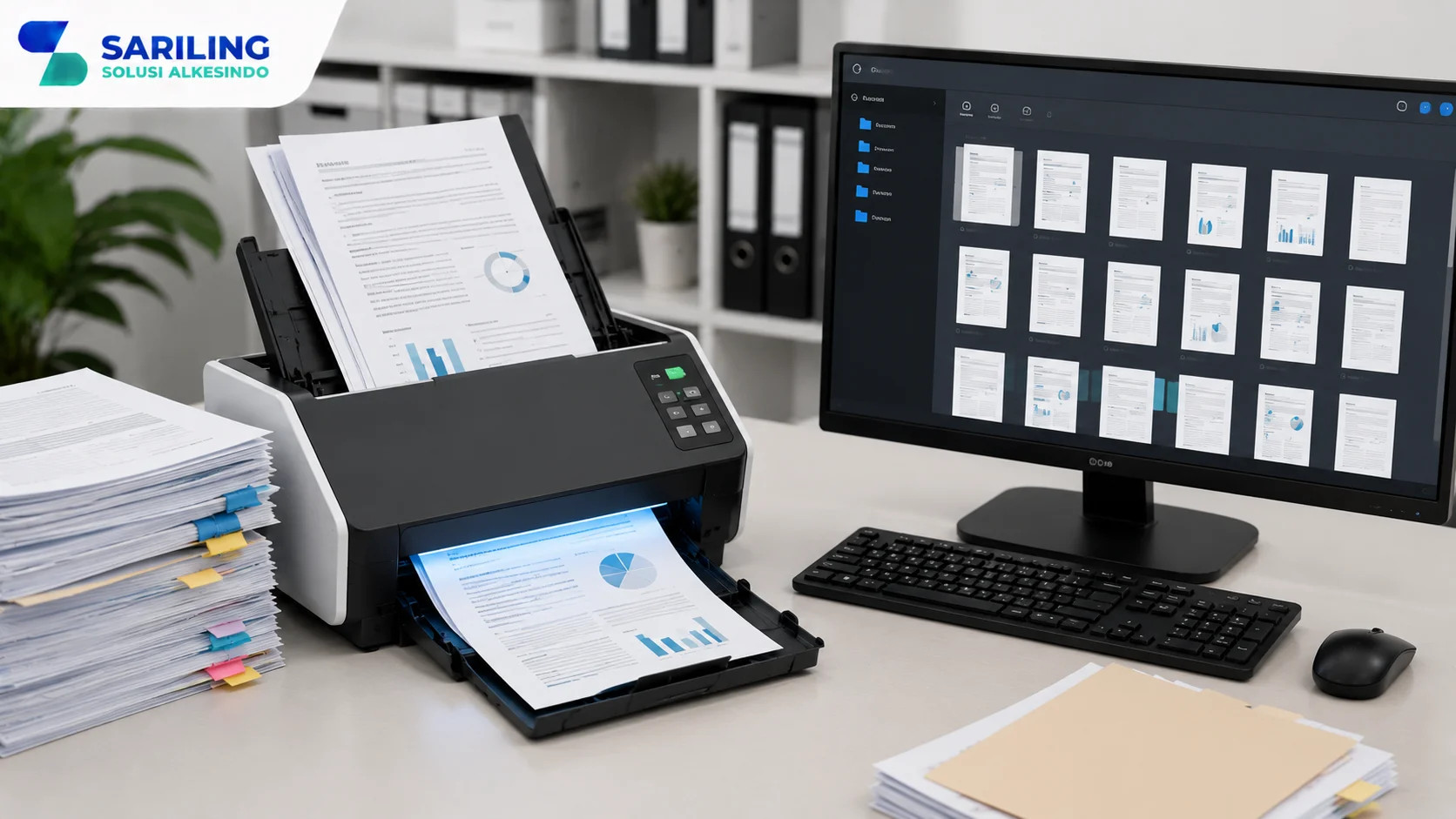 Foto realistis profesional yang menampilkan scanner dokumen berkecepatan tinggi sedang melakukan digitalisasi dokumen administrasi ke komputer dalam lingkungan kantor modern, lengkap dengan logo Sariling Solusi Alkesindo di pojok kiri atas.