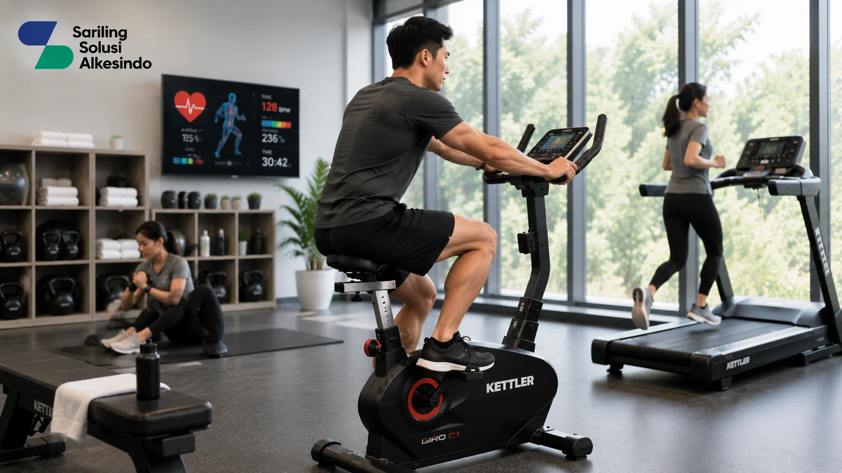 Ilustrasi pengertian dan manfaat latihan kardio yang menampilkan aktivitas olahraga menggunakan sepeda statis Kettler, treadmill, dan latihan kebugaran lainnya di gym modern, dengan monitor detak jantung, suasana latihan aktif, serta logo Sariling Solusi Alkesindo di pojok kiri atas.