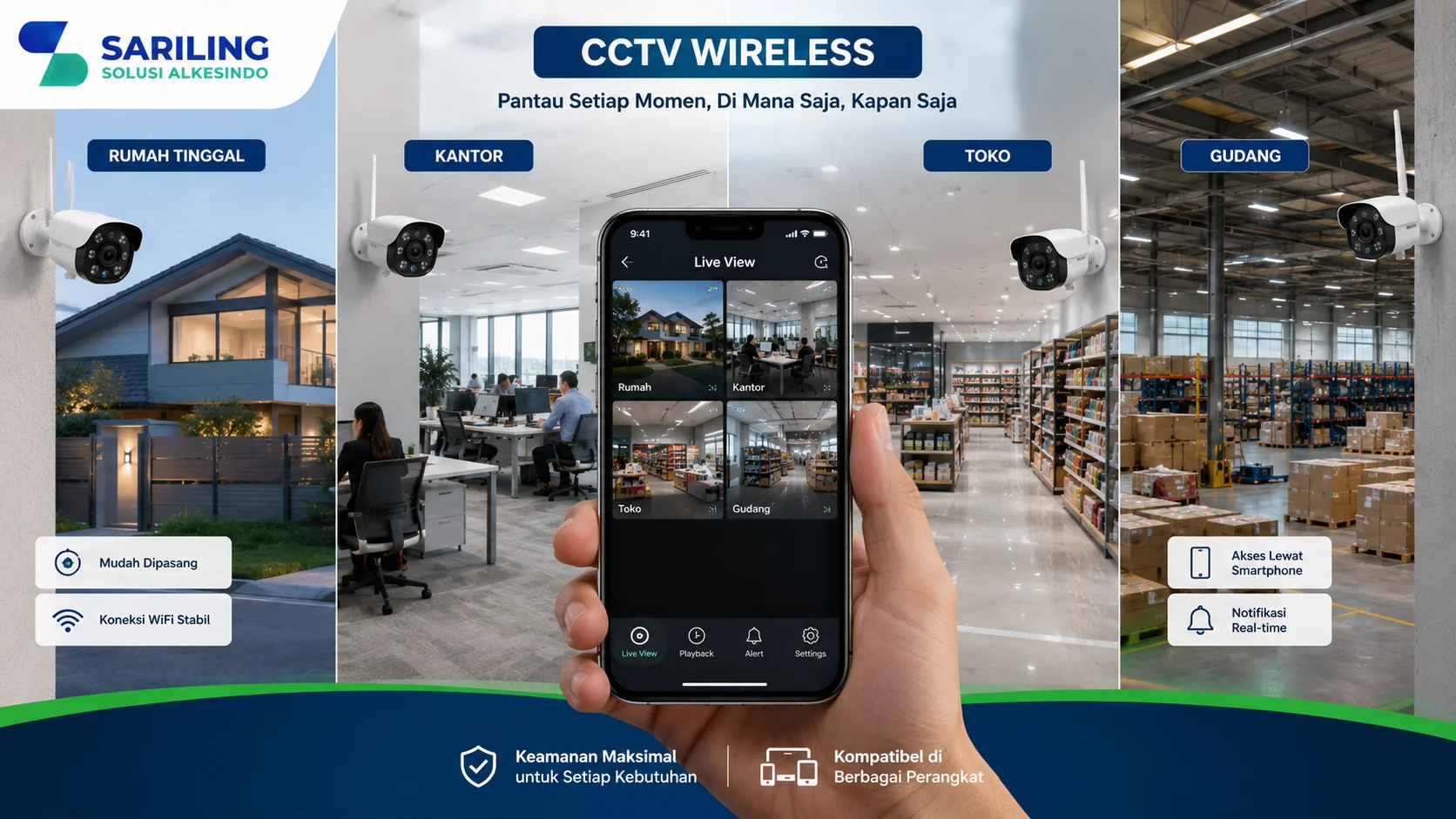 Foto realistis profesional yang menampilkan penggunaan CCTV wireless pada rumah tinggal, kantor modern, toko, dan gudang dengan pemantauan melalui smartphone, dilengkapi logo Sariling Solusi Alkesindo di pojok kiri atas.