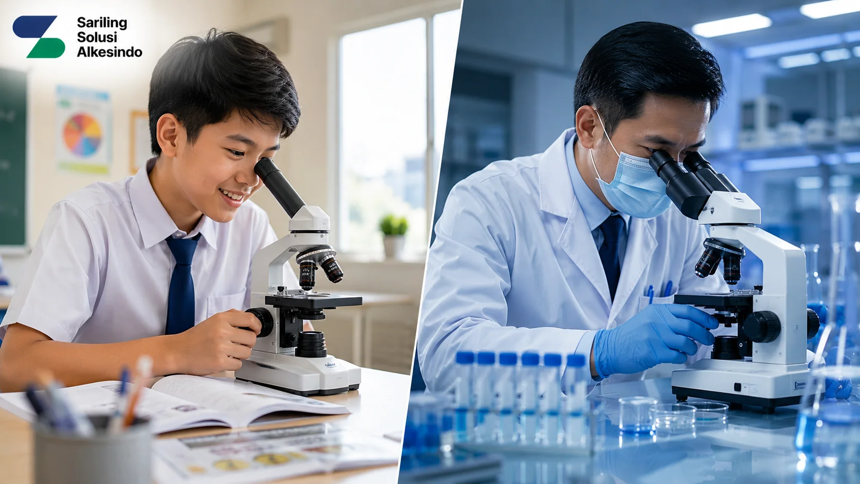 Perbandingan penggunaan mikroskop monokuler oleh siswa di laboratorium sekolah dan mikroskop binokuler oleh peneliti di laboratorium medis dengan logo Sariling Solusi Alkesindo.