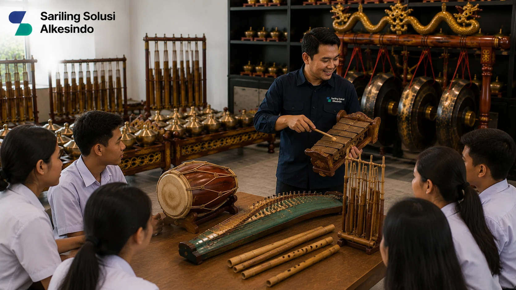 Ilustrasi penting mengenal jenis alat musik tradisional Indonesia yang menampilkan berbagai instrumen seperti gamelan, kendang, angklung, dan alat musik bambu dalam kegiatan edukasi budaya bersama logo Sariling Solusi Alkesindo.