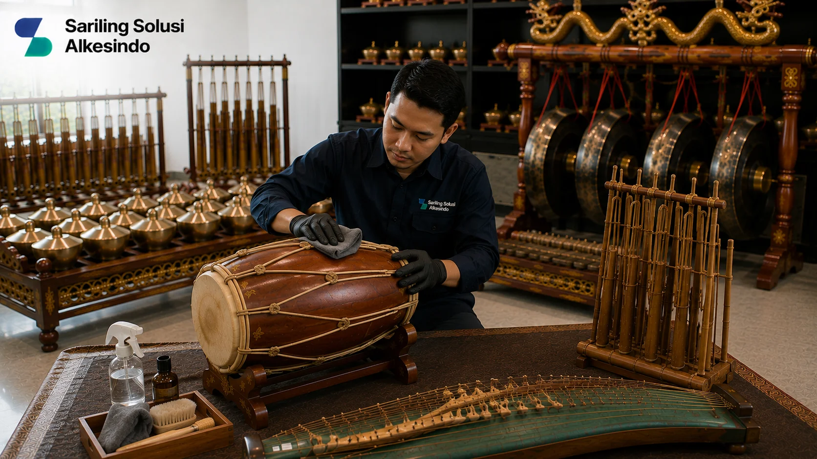 Ilustrasi pentingnya cara merawat alat musik tradisional secara rutin yang menampilkan proses pembersihan dan perawatan instrumen seperti kendang, angklung, dan gamelan untuk menjaga kualitas serta keawetan produk dengan logo Sariling Solusi Alkesindo.