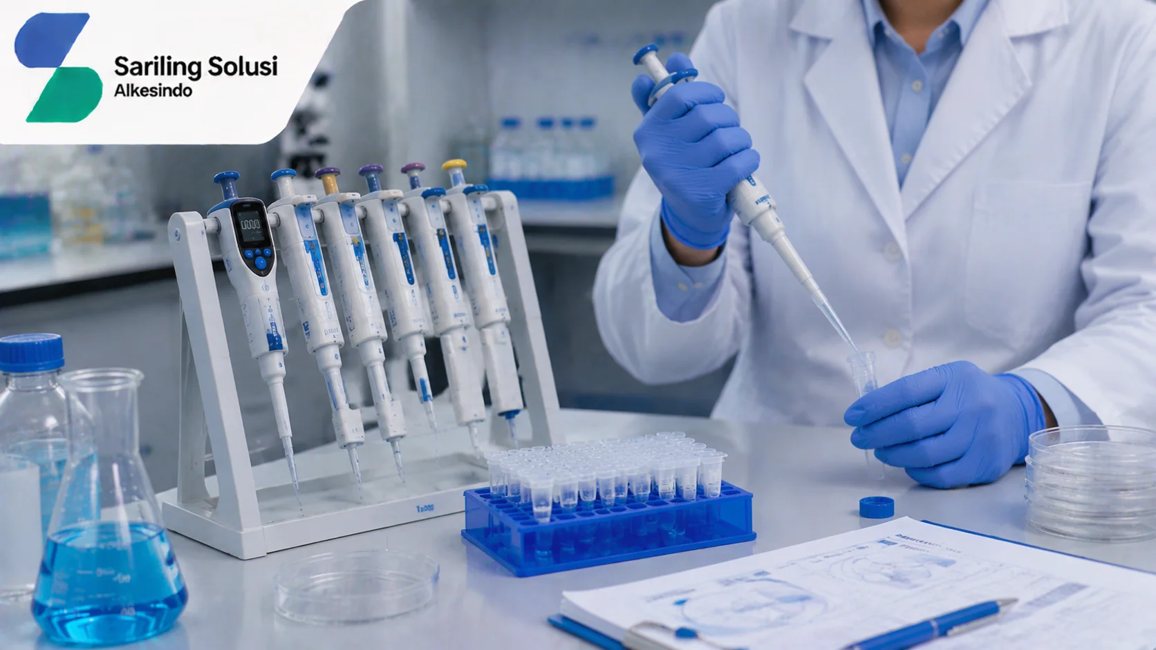 Ilustrasi pentingnya memahami jenis pipet laboratorium yang menampilkan berbagai tipe micropipette, penggunaan alat untuk pengambilan sampel cairan, perlengkapan laboratorium, tabung sampel, serta aktivitas penelitian dengan logo Sariling Solusi Alkesindo.