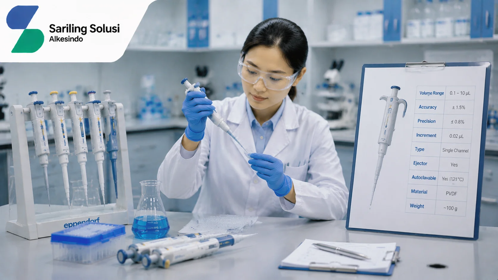 Ilustrasi pentingnya memahami spesifikasi pipet laboratorium yang menampilkan penggunaan micropipette, informasi parameter seperti volume, akurasi, presisi, tipe pipet, material, serta proses evaluasi alat untuk kebutuhan penelitian dengan logo Sariling Solusi Alkesindo.