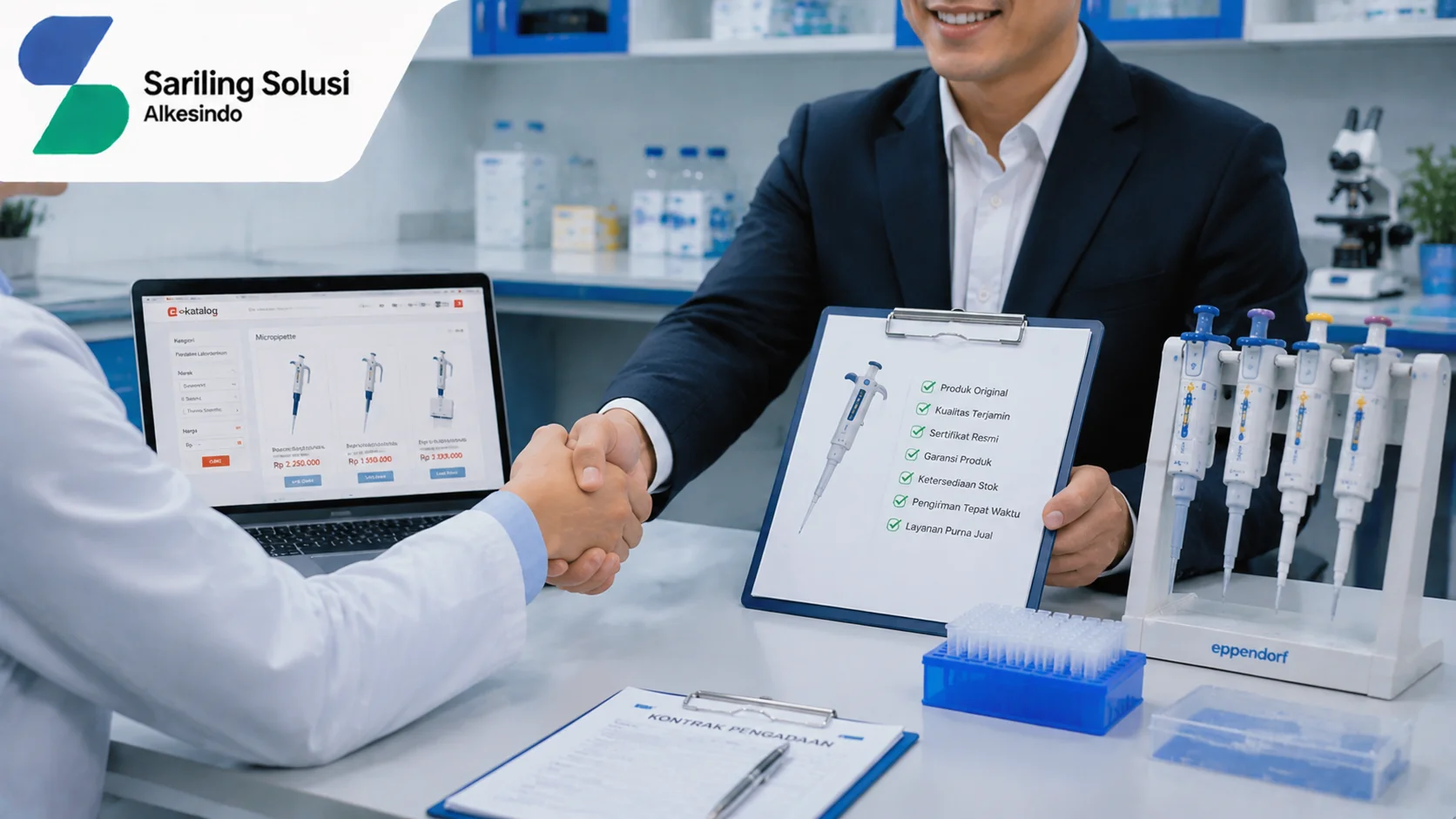 Ilustrasi pentingnya memilih vendor pipet e-Katalog terpercaya yang menampilkan proses kerja sama pengadaan, konsultasi produk laboratorium, katalog digital e-Katalog, dokumen spesifikasi, jaminan kualitas, serta berbagai jenis micropipette dengan logo Sariling Solusi Alkesindo.