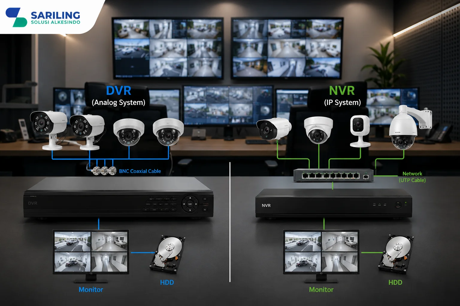 Foto realistis yang menampilkan perbandingan perangkat DVR dan NVR pada sistem CCTV dengan diagram koneksi ke kamera analog dan IP Camera di ruang monitoring modern, lengkap dengan beberapa layar pengawasan aktif serta logo Sariling Solusi Alkesindo di pojok kiri atas.