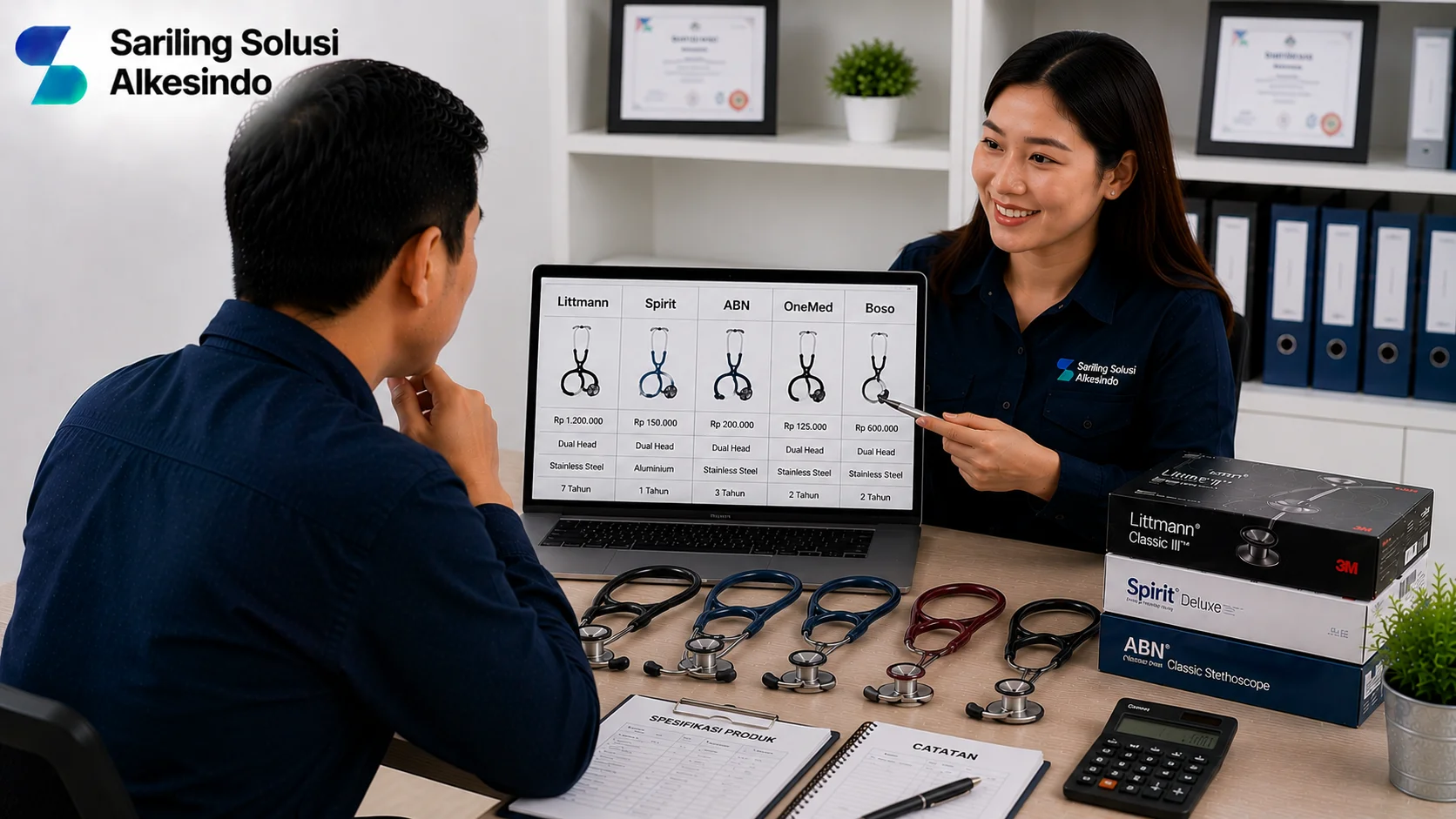 Ilustrasi perbandingan harga stetoskop antar merek yang menampilkan beberapa pilihan produk stetoskop, tabel perbandingan harga dan spesifikasi, proses evaluasi produk, serta konsultasi pengadaan alat kesehatan bersama logo Sariling Solusi Alkesindo.