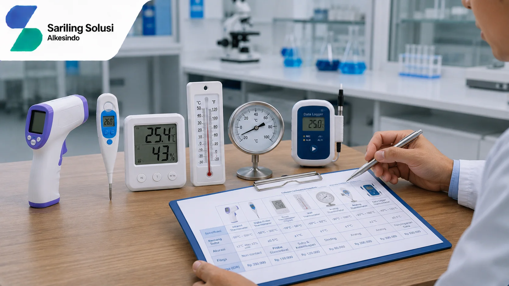 Ilustrasi perbandingan harga thermometer berdasarkan jenis dan spesifikasi yang menampilkan berbagai tipe thermometer