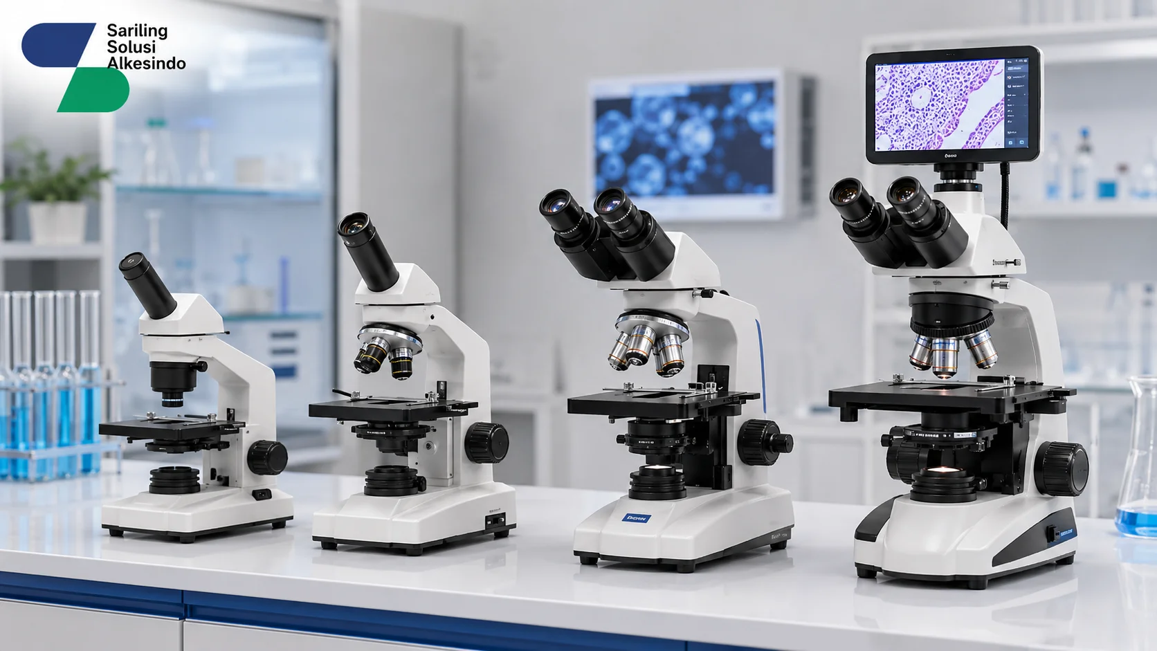 Perbandingan berbagai jenis mikroskop dari monokular, binokular, hingga mikroskop digital trinokular di laboratorium modern dengan logo Sariling Solusi Alkesindo.